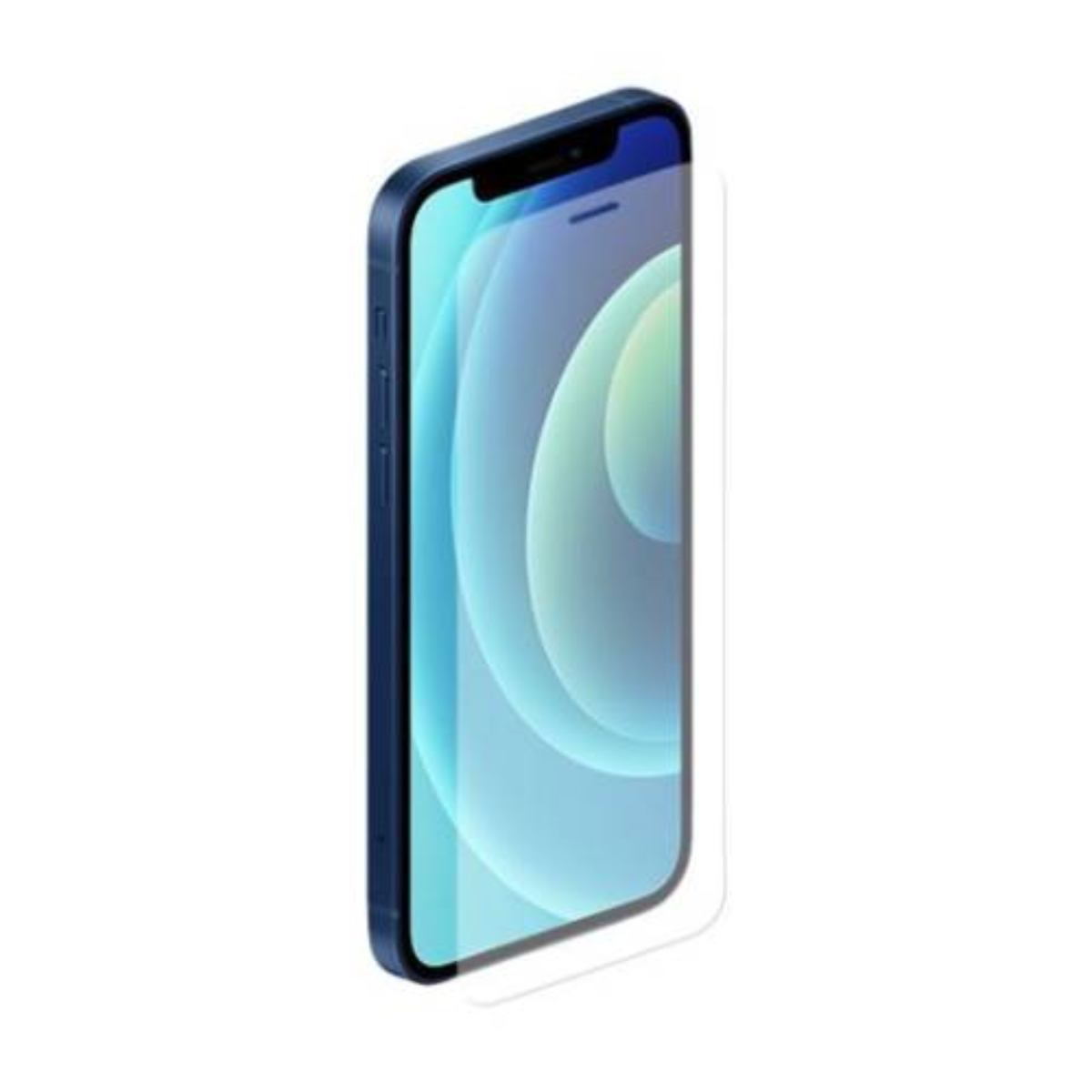 Un iPhone 12 blu con protezione schermo. Lo schermo mostra motivi circolari blu e verdi. Lo sfondo è bianco.