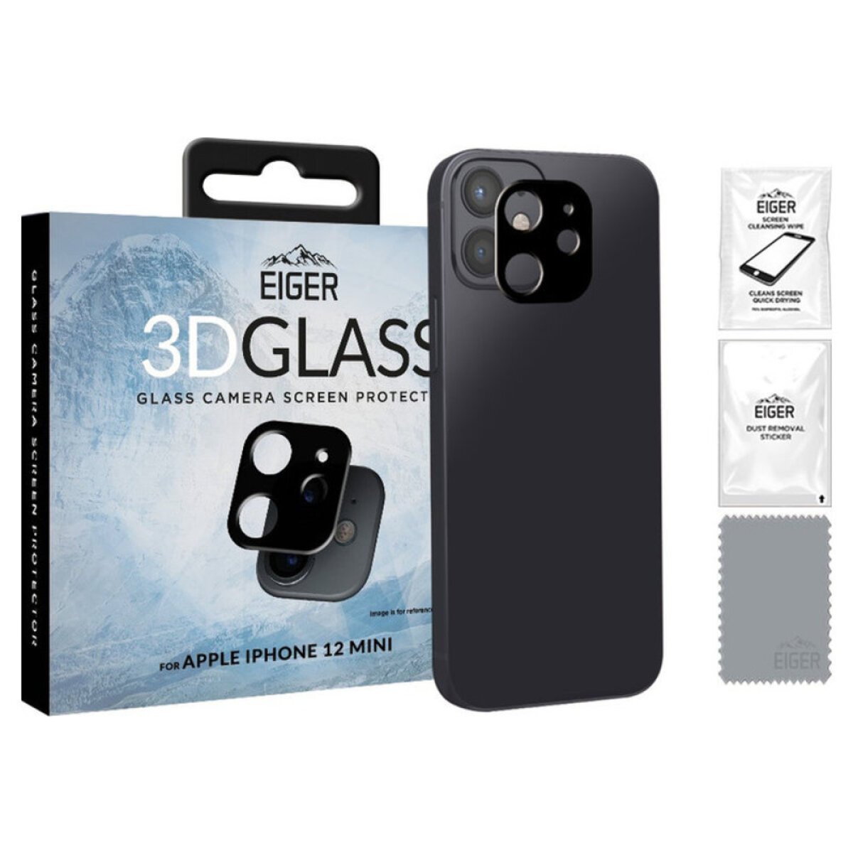 Un iPhone 12 mini con custodia nera, protezione schermo in vetro 3D e accessori per la pulizia sono esposti.