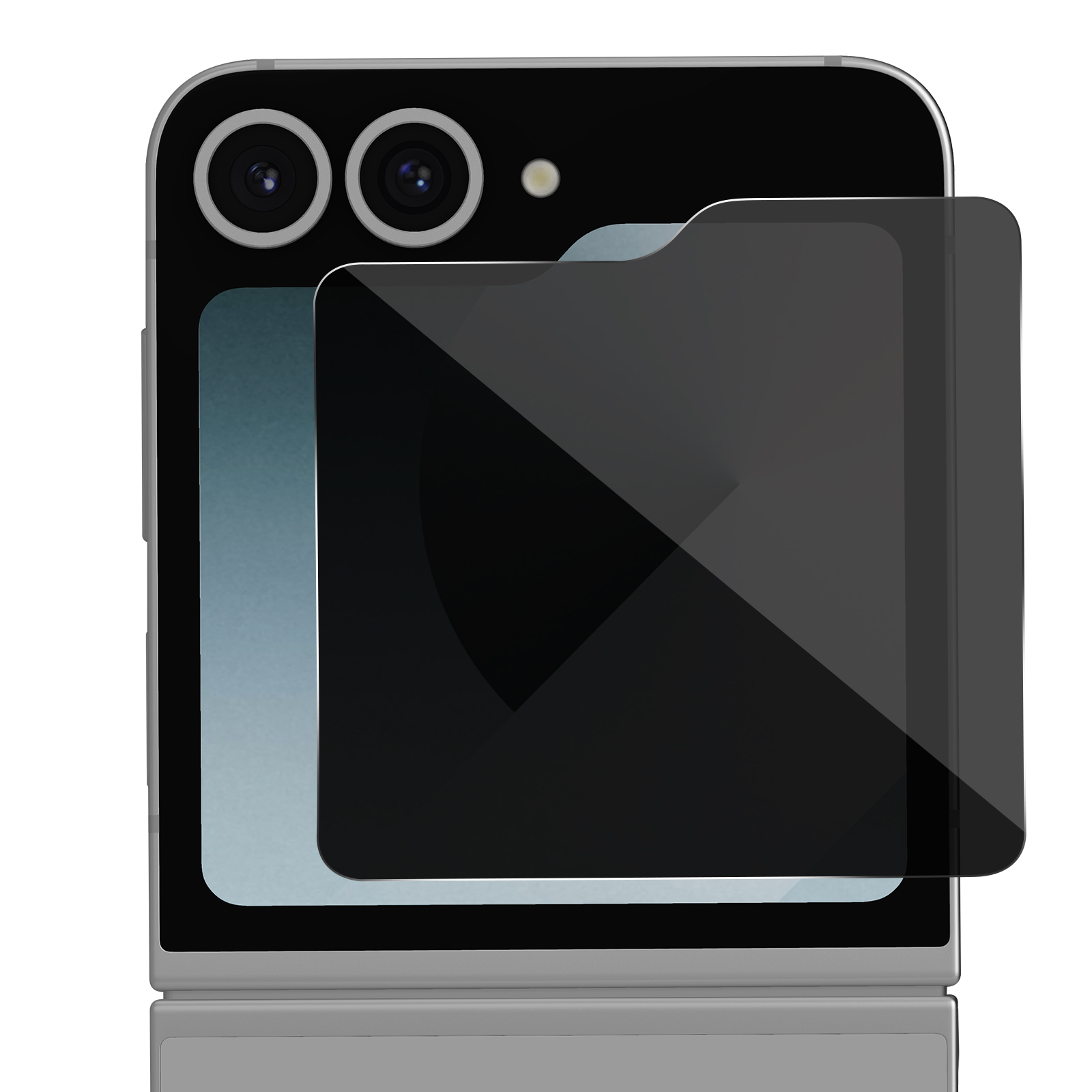 Uno smartphone con protezione schermo, con lenti della fotocamera e flash. Il telefono è argento. La protezione è nera.