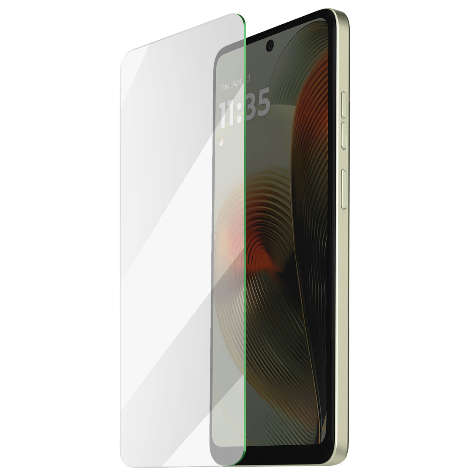 Uno smartphone con protezione schermo. Il telefono mostra l'ora e la data. La protezione è trasparente con bordo verde.