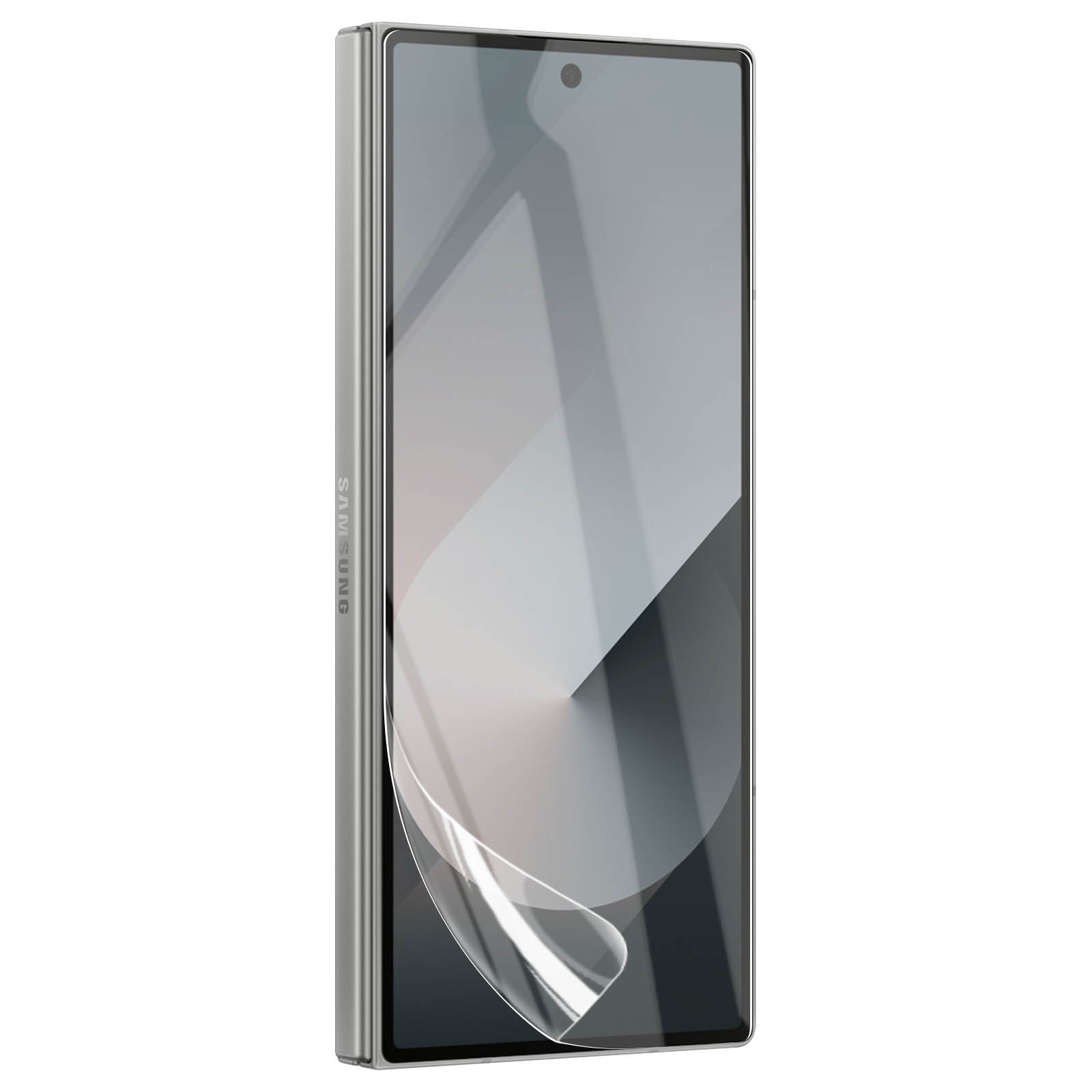 Un telefono Samsung argentato con protezione schermo. È in posizione verticale, mostrando lo schermo con forme geometriche. Il logo Samsung è visibile.