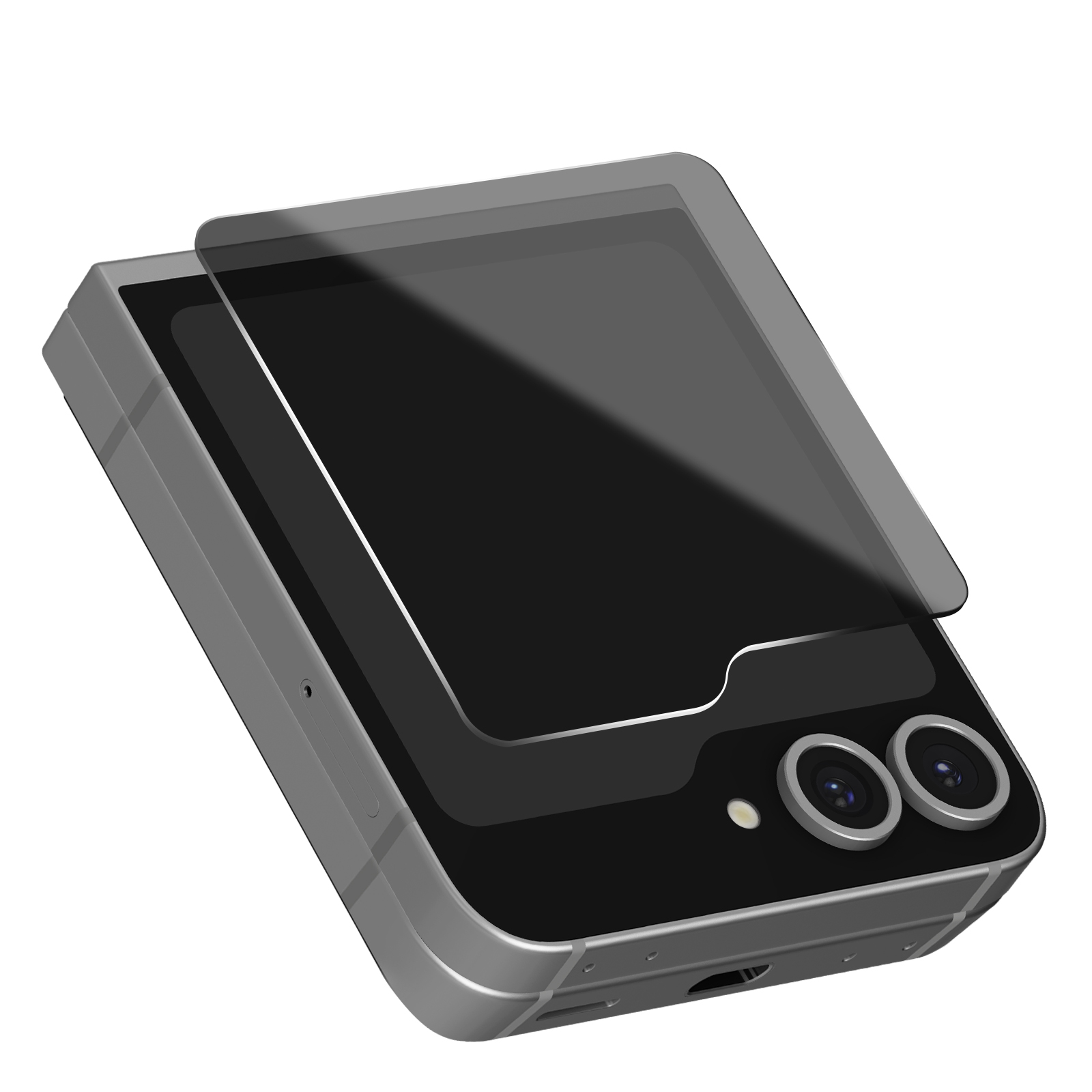 Smartphone grigio con schermo nero, protezione schermo e due fotocamere posteriori su superficie bianca.