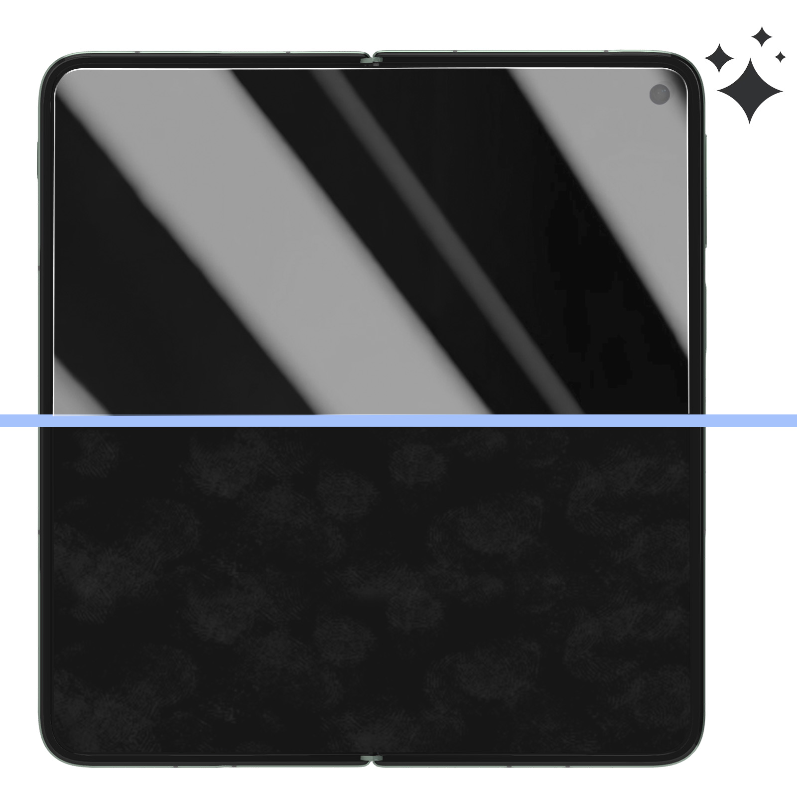Smartphone pieghevole, schermo nero con macchie di impronte digitali. I riflessi creano strisce luminose.