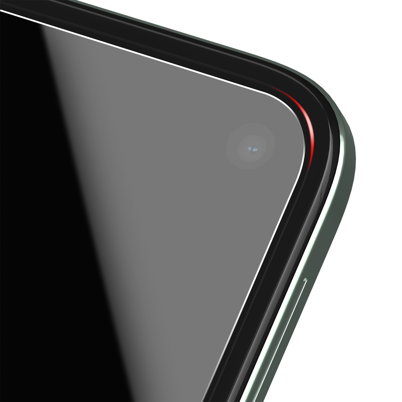 Primo piano di uno schermo del telefono con obiettivo. Lo schermo è grigio e la cornice verde. Un accento rosso è visibile.