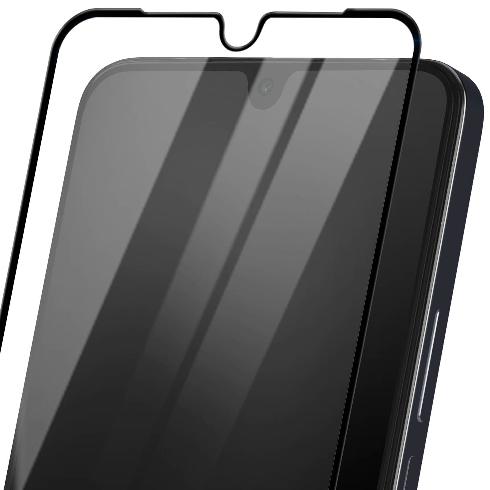 Primo piano di uno smartphone con una protezione per lo schermo applicata. Il telefono è nero, con una tacca per la fotocamera anteriore.