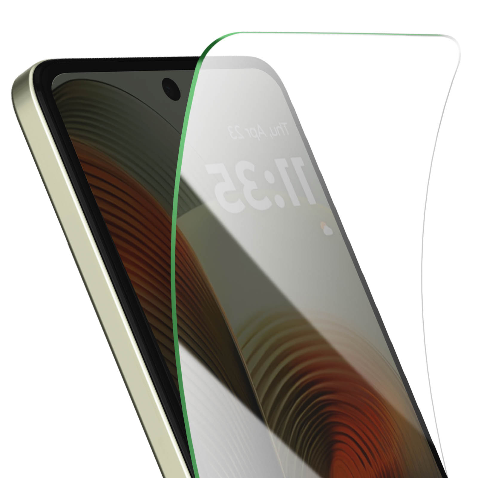 Uno smartphone con una protezione per lo schermo applicata. Lo schermo mostra l'ora 11:32. I colori verde e bianco sono prominenti.