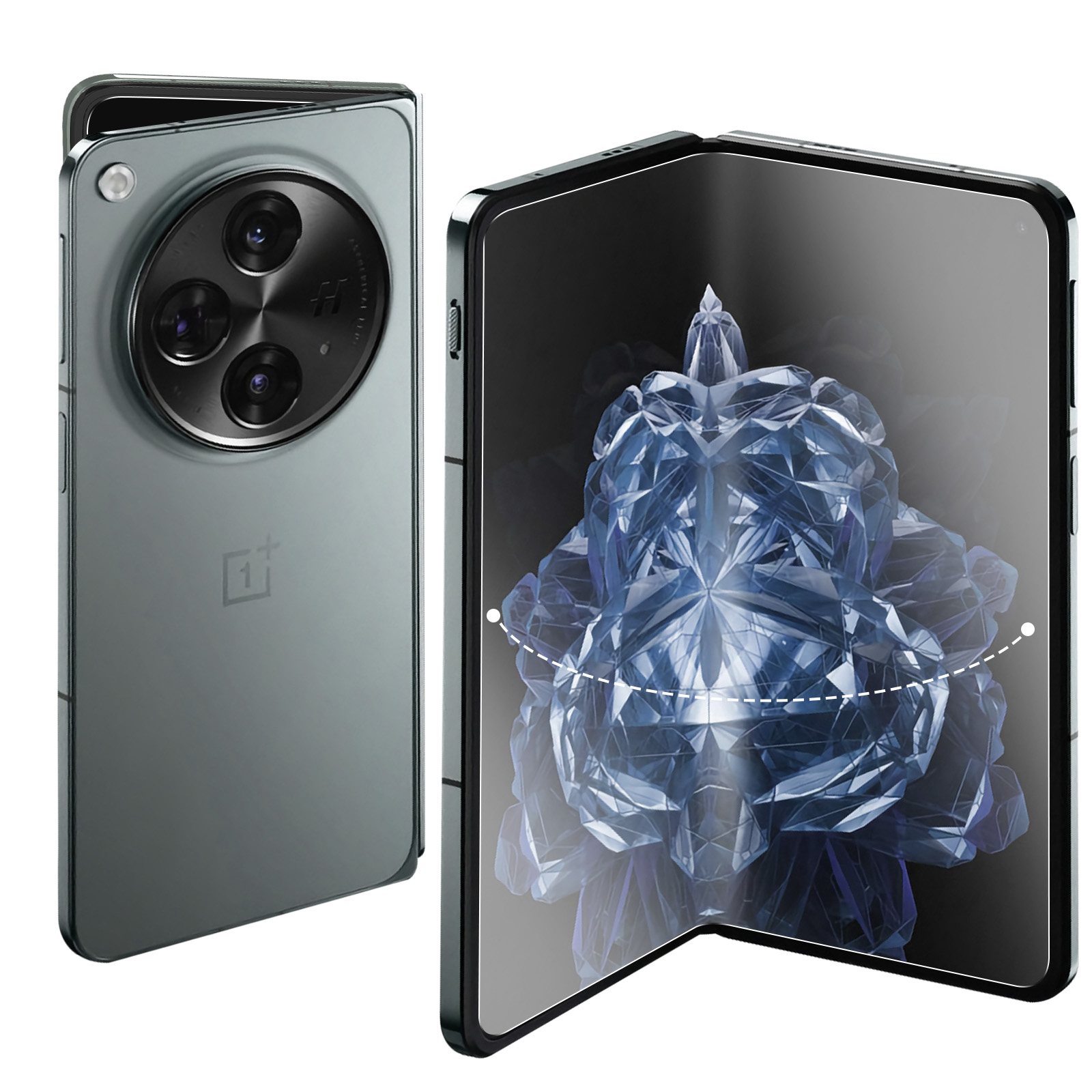 Uno smartphone pieghevole, aperto a destra, mostra una struttura cristallina. Il telefono è grigio-verde con una fotocamera multi-obiettivo.