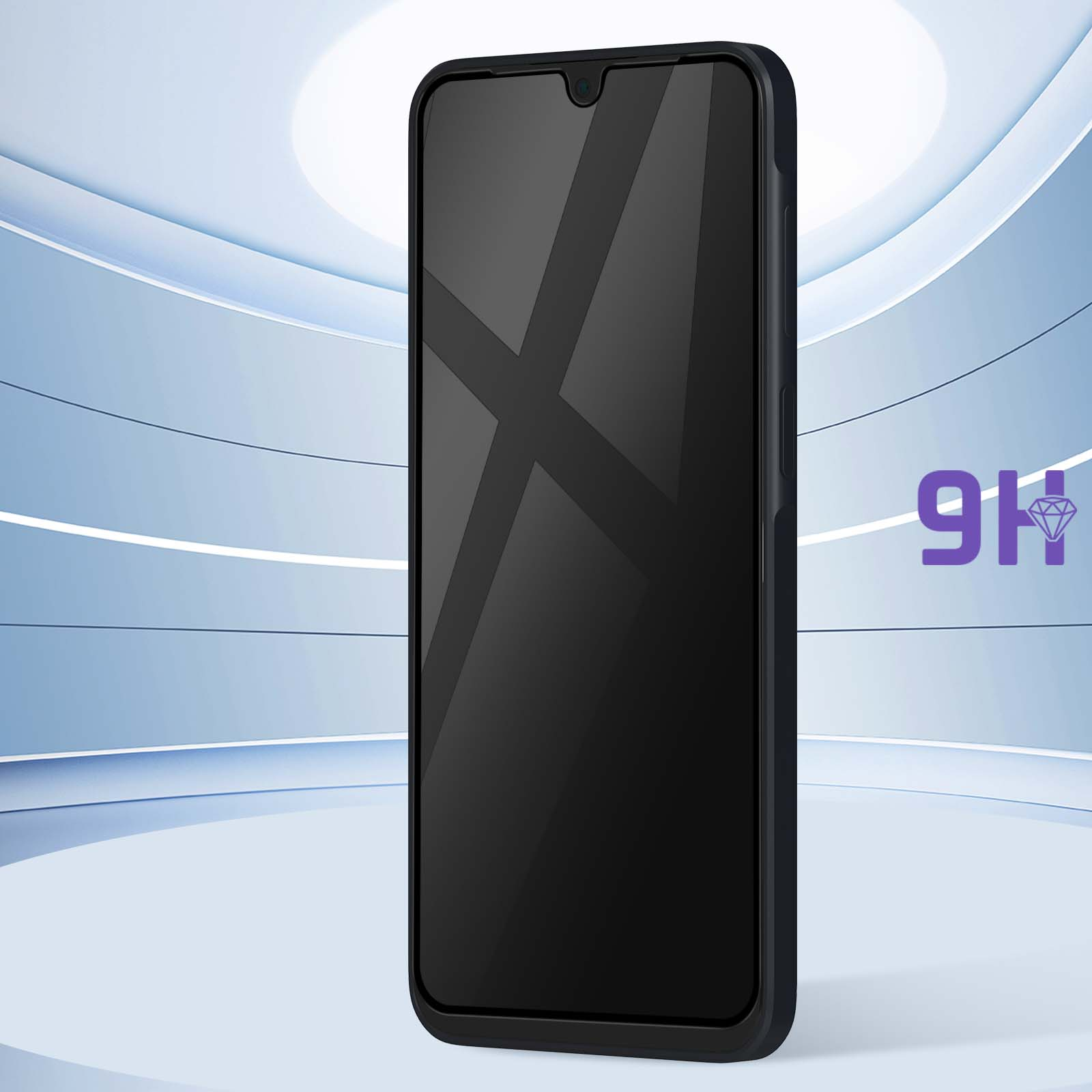 Uno smartphone nero con protezione per lo schermo è esposto su uno sfondo luminoso. Il telefono è centrato e leggermente angolato.