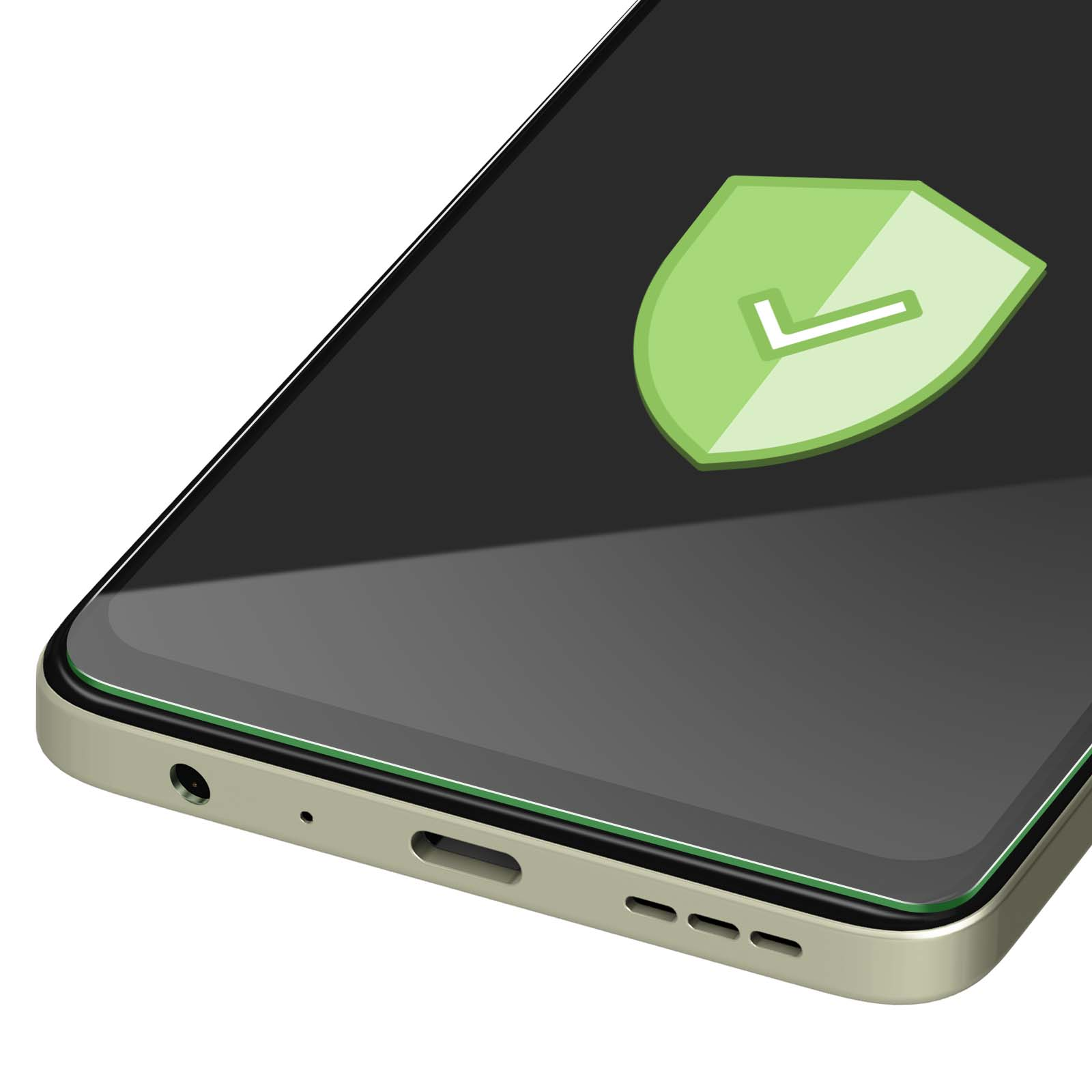 Smartphone con icona scudo verde con segno di spunta. Il telefono è verde chiaro, con schermo scuro e sfondo bianco.