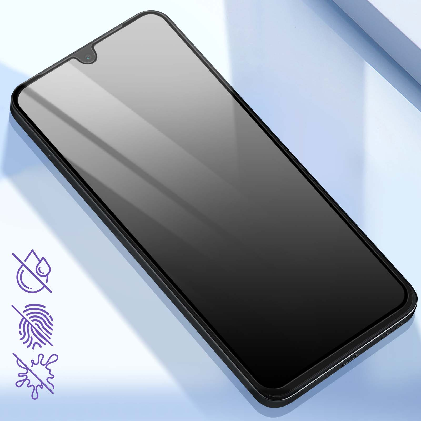 Una protezione schermo nera per smartphone. Lo schermo ha un effetto sfumato. Sono visibili icone che indicano resistenza alle macchie, all'acqua e alle impronte digitali.