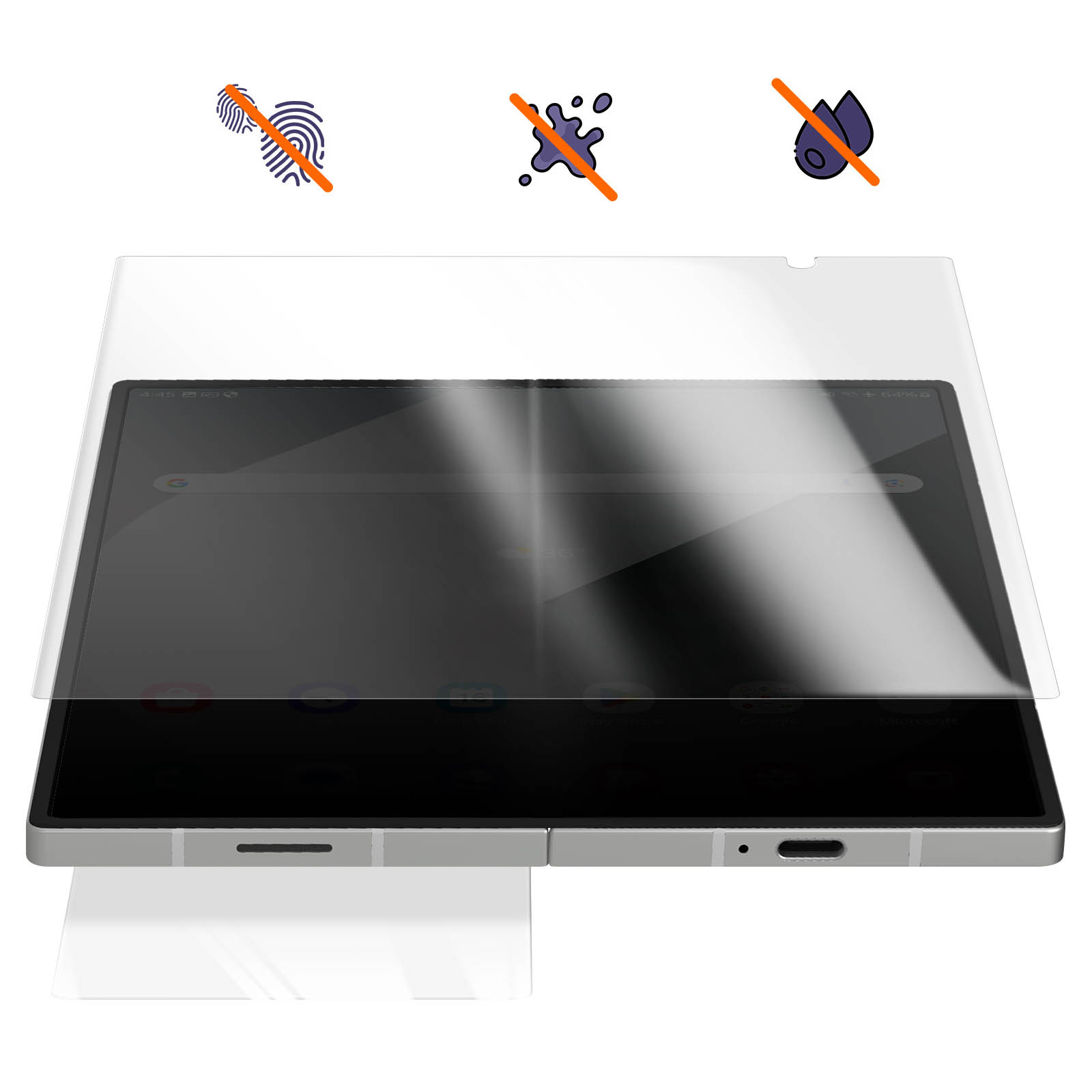 Tablet con protezione schermo. Icone di impronte digitali, schizzi e gocce d'acqua sbarrate. Schermo del tablet acceso, con barra di ricerca Google.