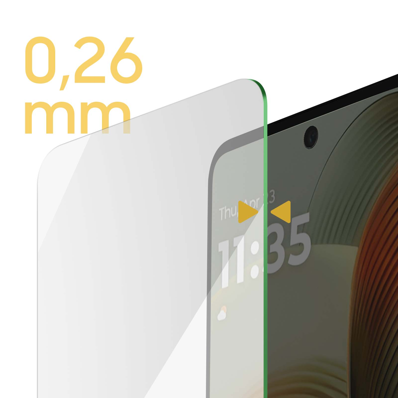 Un proteggi schermo è posto su un telefono. Mostra l'ora 11:35. Il proteggi schermo è spesso 0,26 mm e ha un bordo verde.