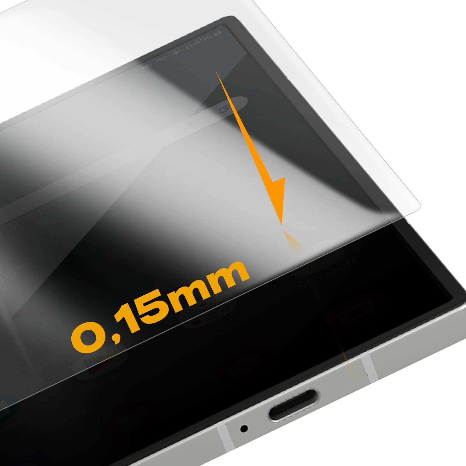 Schermo di smartphone con protezione. Una freccia arancione punta verso il basso. Il testo '0,15mm' è visibile.