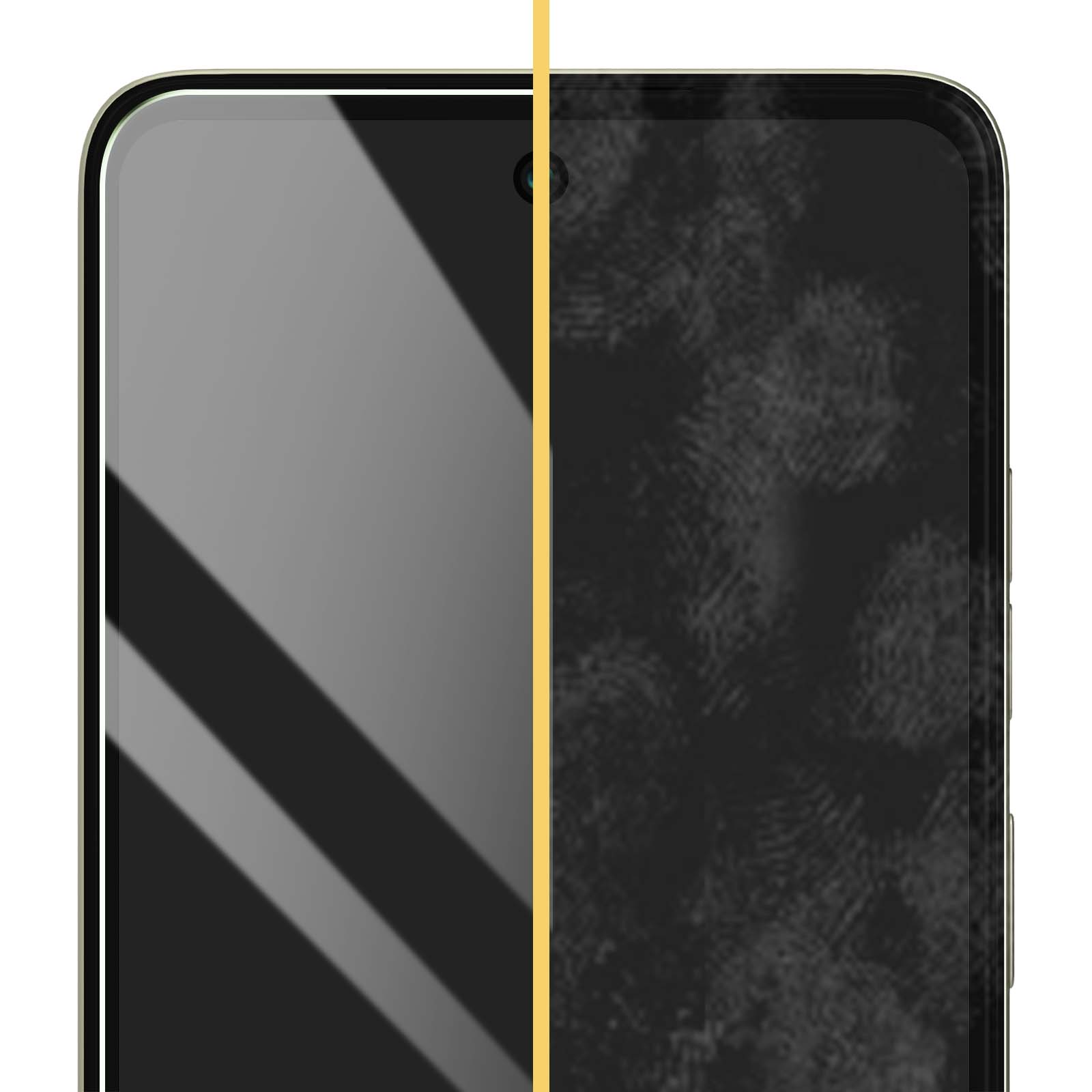 Uno schermo di smartphone è diviso. Il lato sinistro è grigio chiaro, il lato destro è scuro con impronte digitali. Una linea gialla li divide.