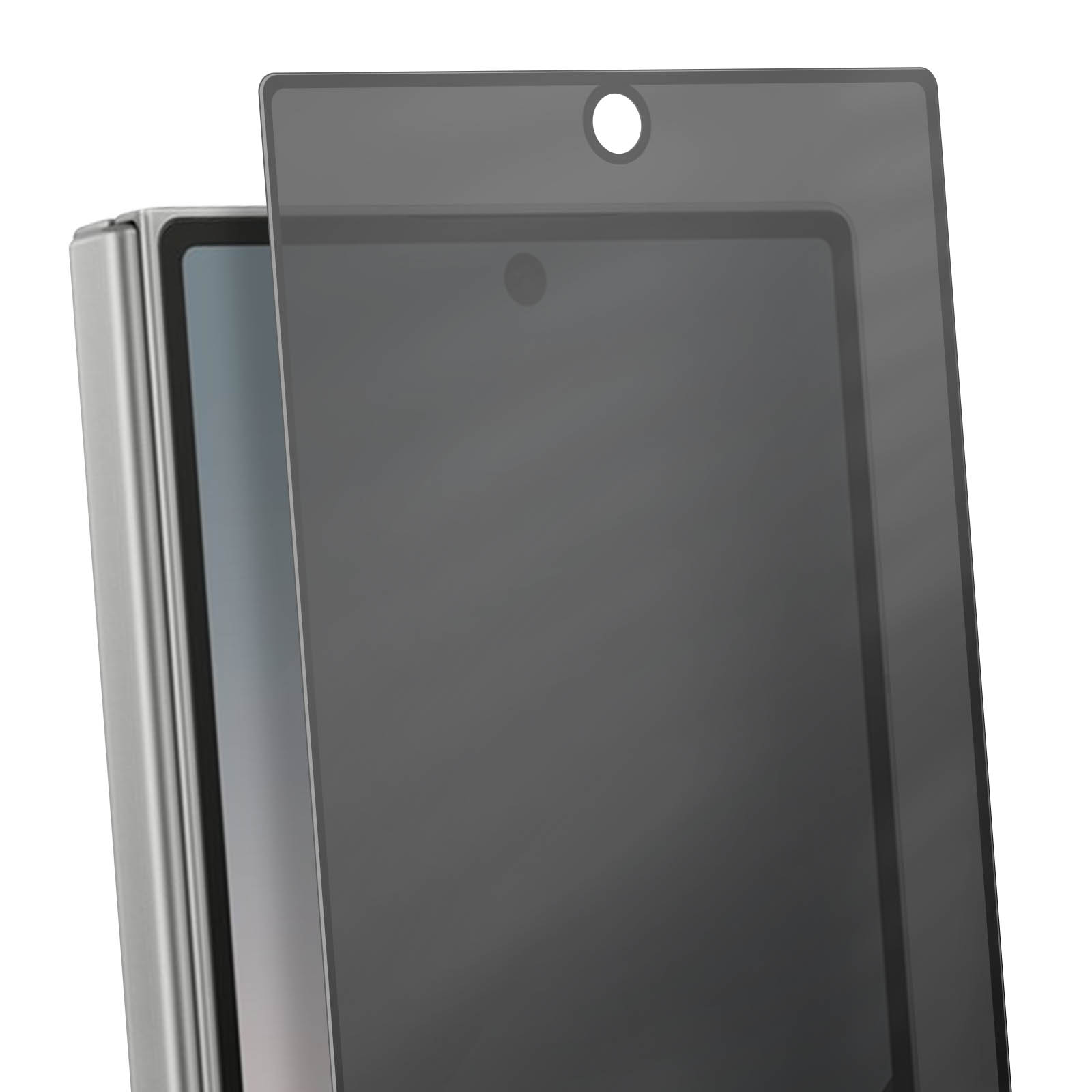 Un tablet grigio con protezione schermo. Un cerchio bianco in alto. Il tablet è su sfondo bianco.