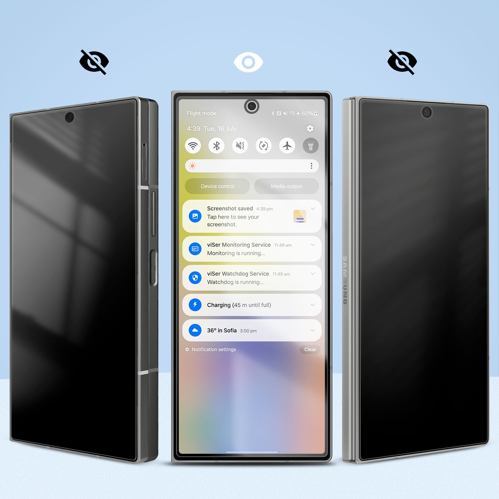 Vengono visualizzati tre telefoni. Quello centrale ha un pannello di notifica aperto che mostra l'ora, la data e lo stato della batteria.