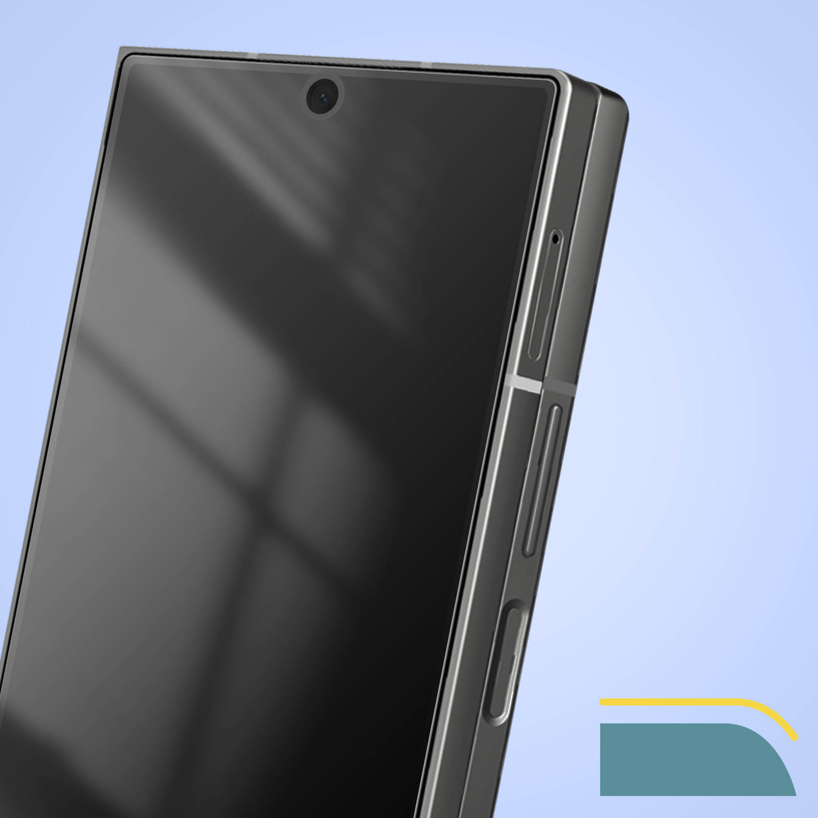 Primo piano di uno smartphone. Lo schermo è scuro, con una fotocamera in alto. Il lato del telefono ha pulsanti e uno sfondo azzurro.