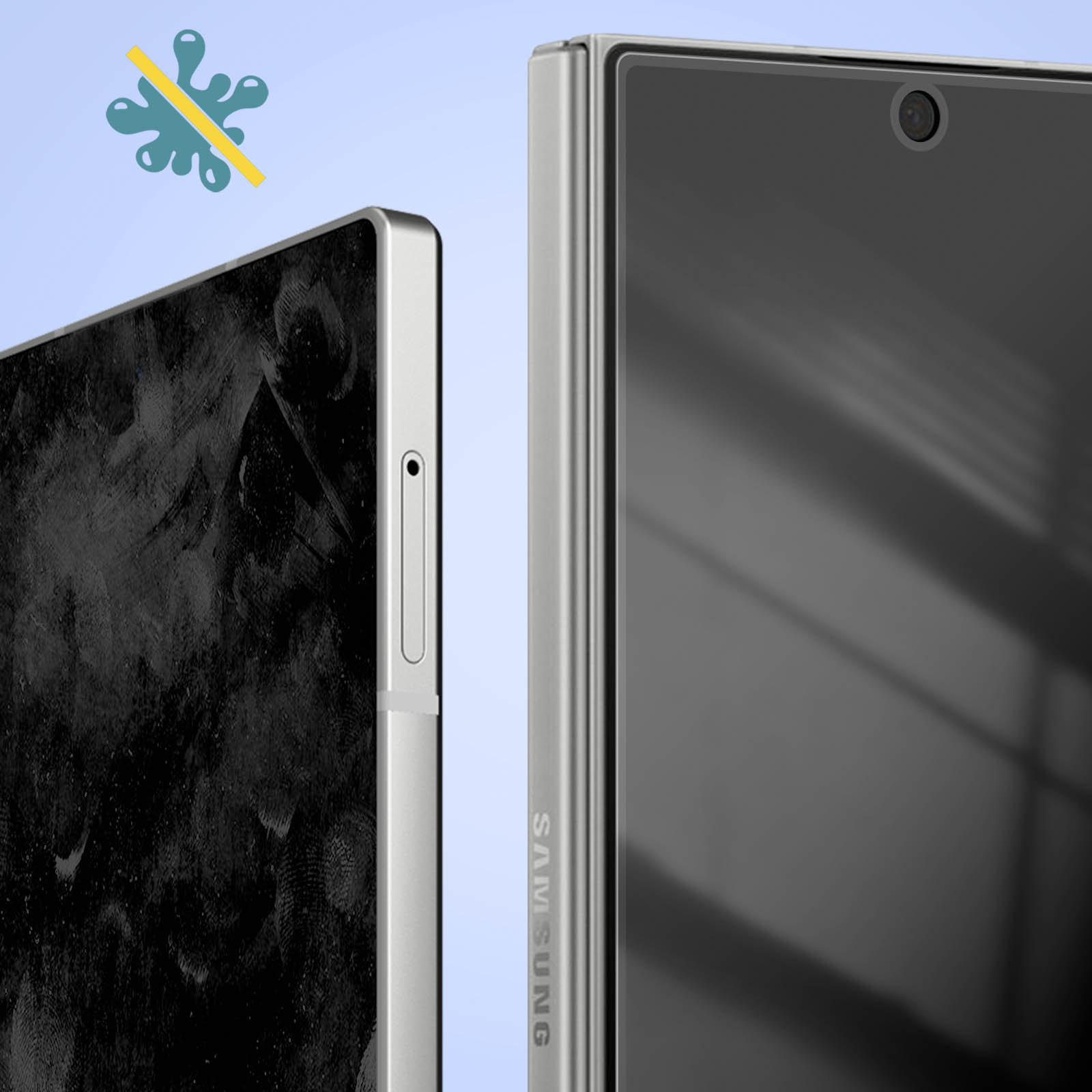 Due smartphone argentati, uno con schermo sporco. Un simbolo blu e giallo è sopra i telefoni.