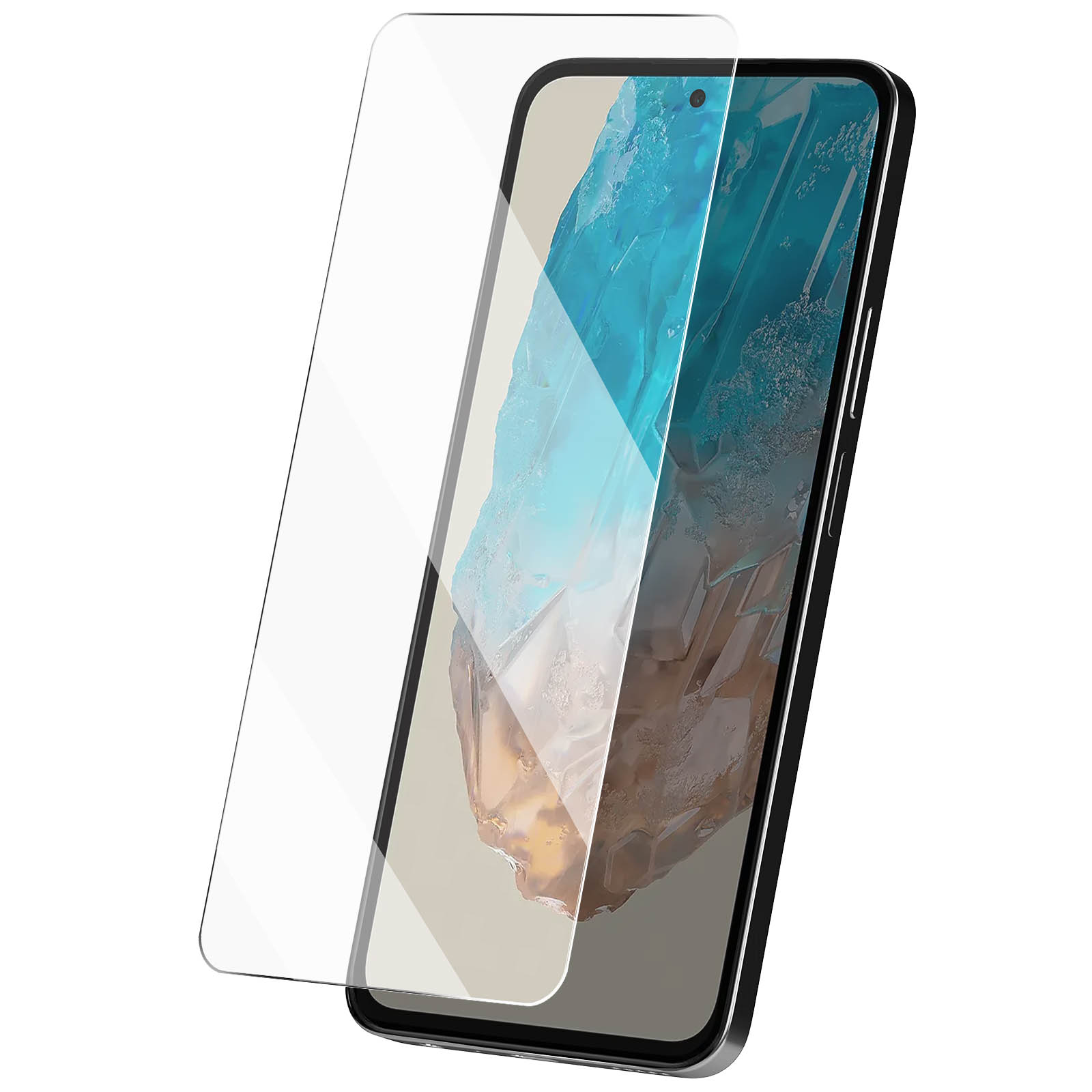 Uno smartphone con una protezione per lo schermo è angolato. Lo schermo mostra un motivo astratto blu e marrone. Il telefono è nero.