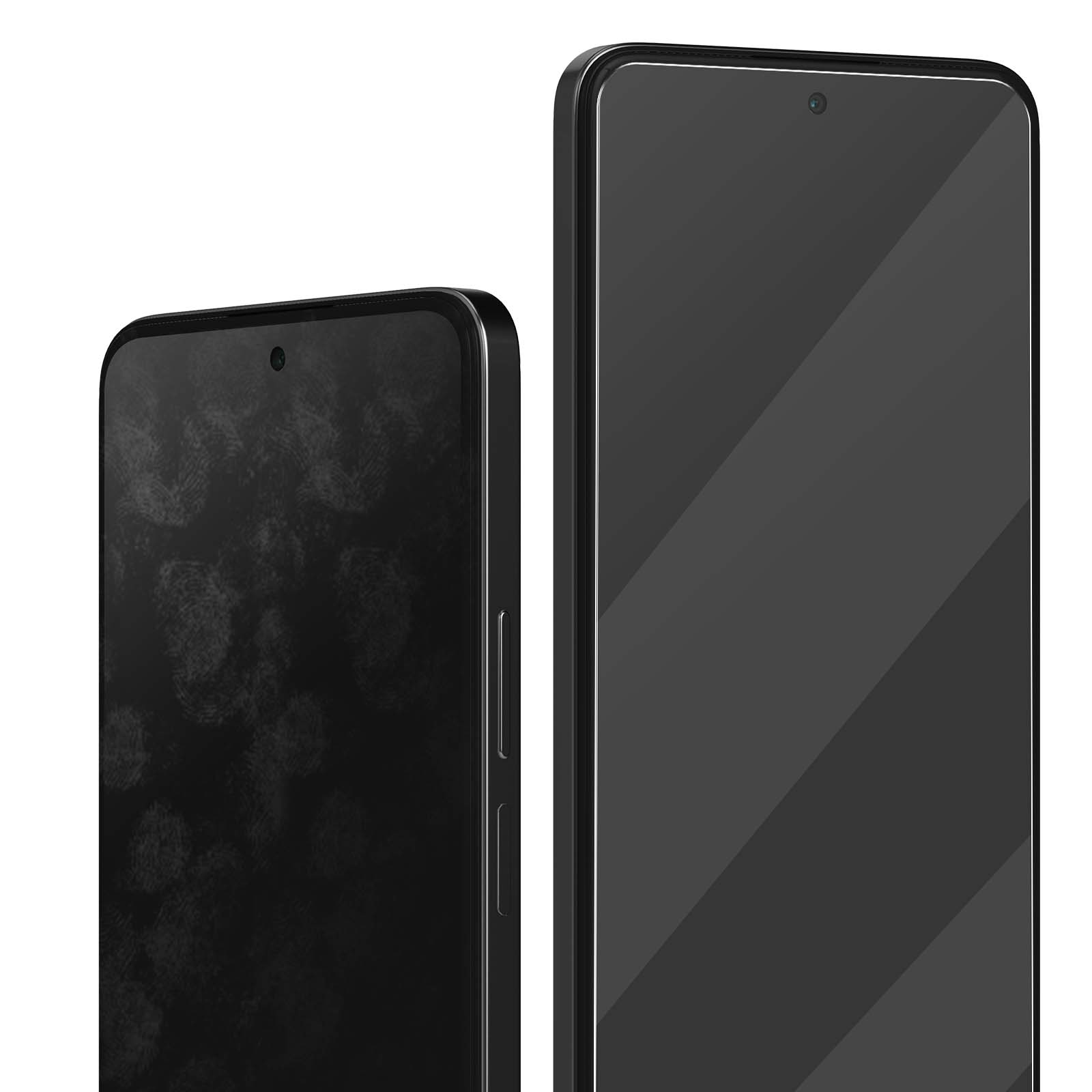 Due smartphone neri su sfondo bianco, uno con impronte digitali sullo schermo. Entrambi hanno una fotocamera in alto.