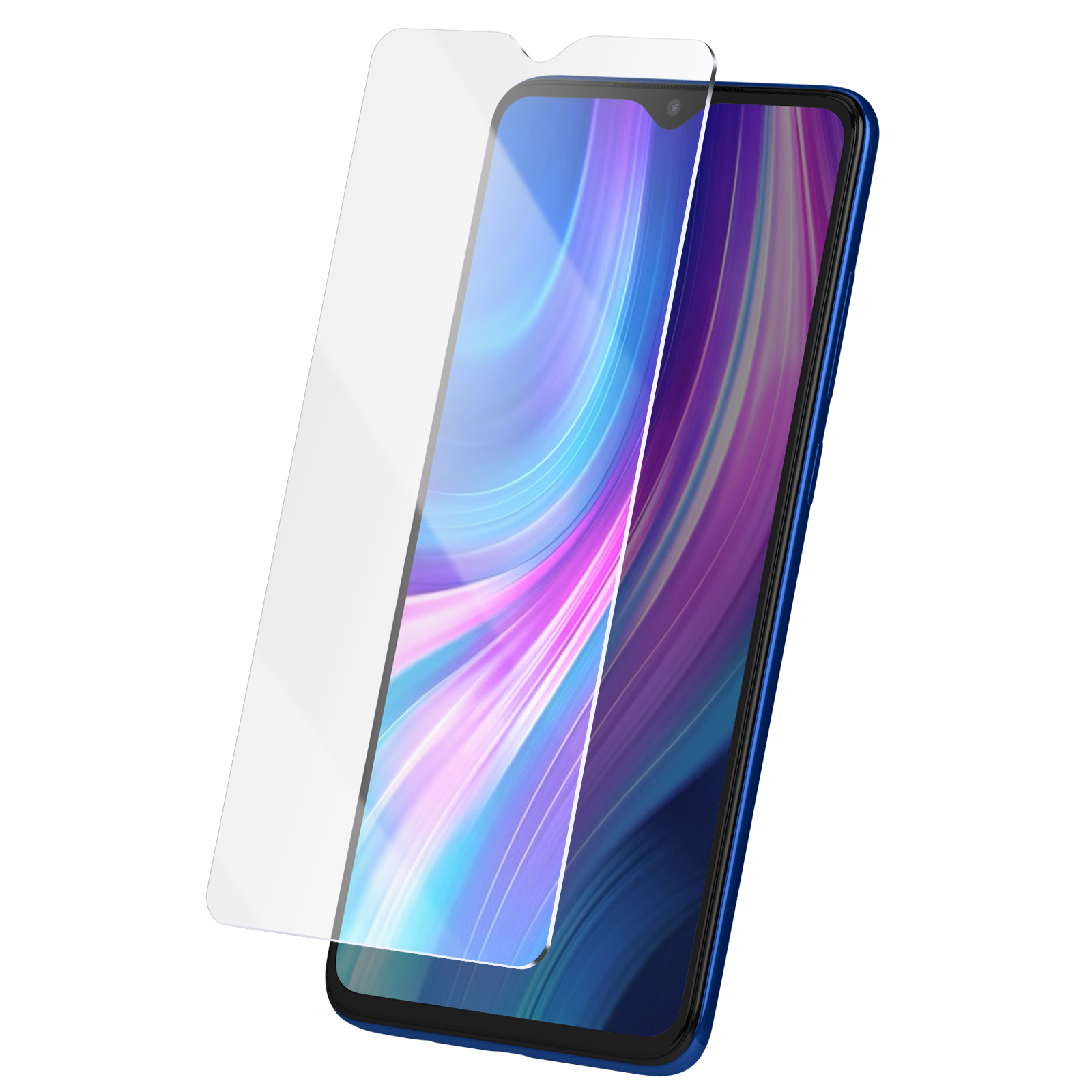 Uno smartphone blu con protezione schermo, lo schermo mostra un motivo astratto colorato. Sfondo bianco.