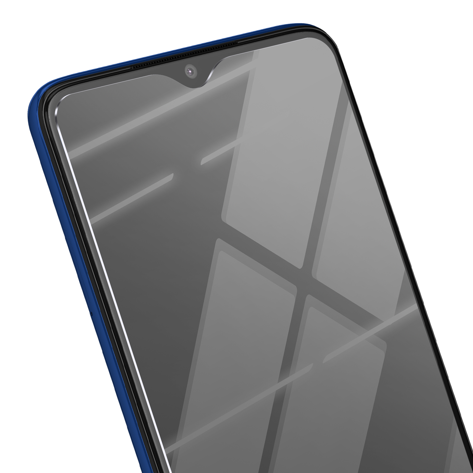 Primo piano di uno smartphone blu. Lo schermo è riflettente con una fotocamera in alto. I bordi sono blu, lo sfondo bianco.