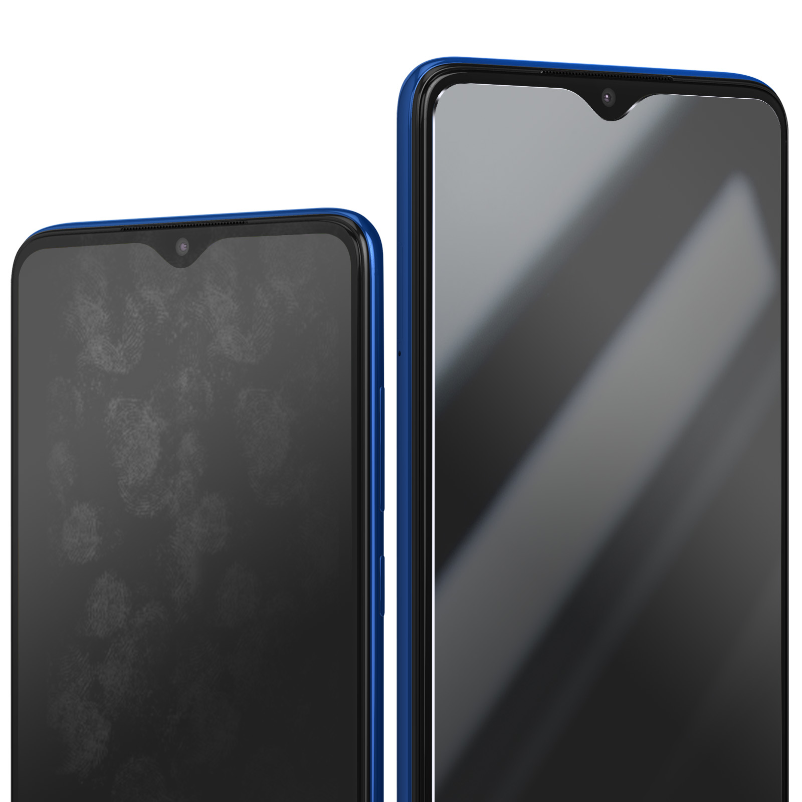 Due smartphone affiancati. Uno schermo ha impronte digitali. Entrambi hanno cornici blu e fotocamere frontali.