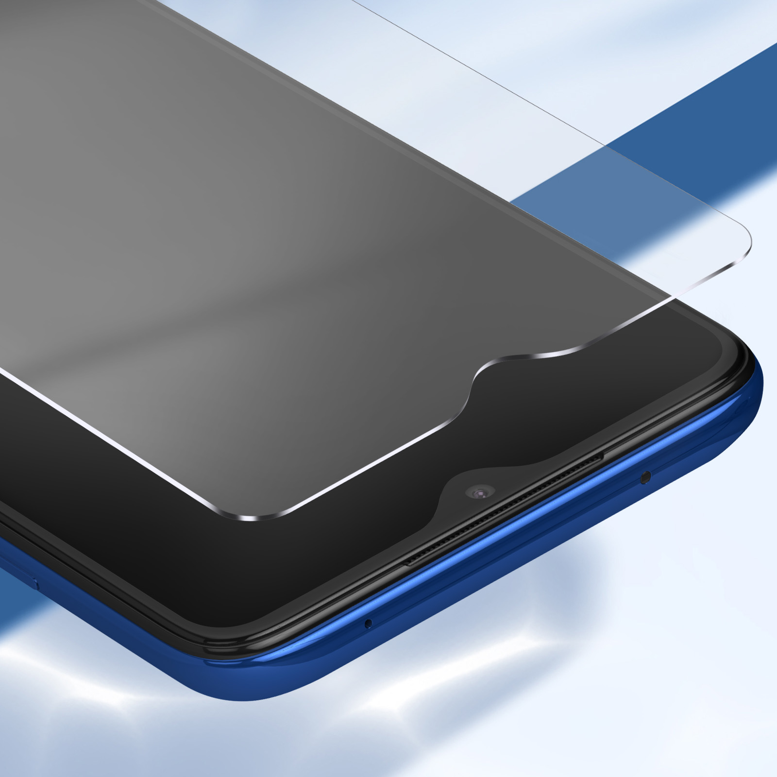 Uno smartphone con protezione schermo. Il telefono è blu, lo schermo nero e la protezione trasparente.