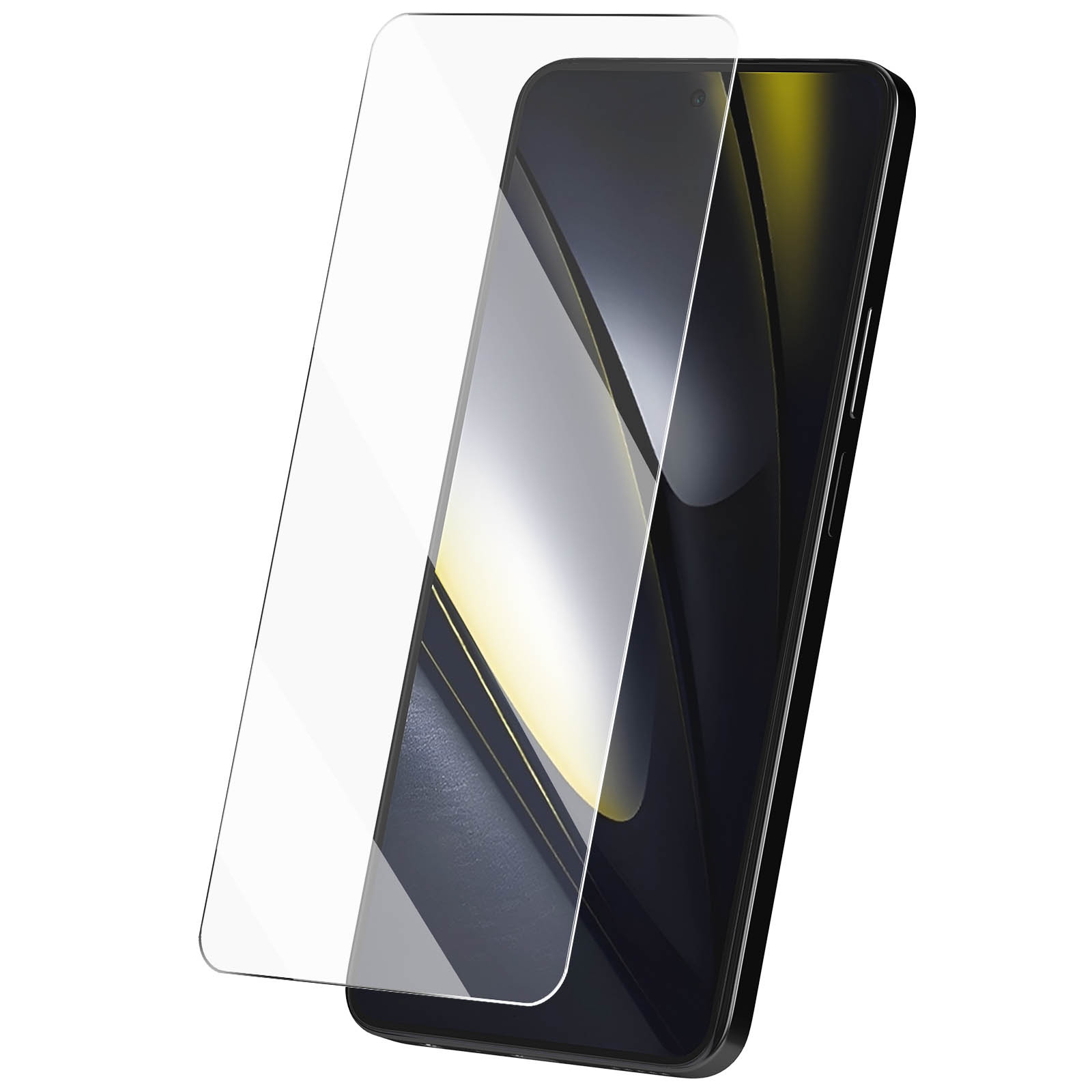Uno smartphone con protezione schermo. La protezione è trasparente e leggermente angolata. Il telefono è nero.
