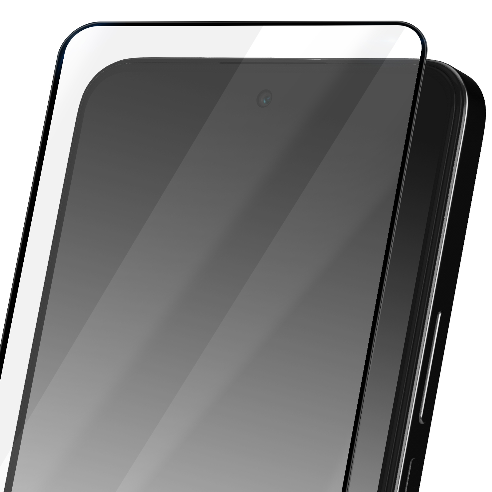 Uno smartphone con una protezione per lo schermo applicata. Il telefono è nero e la protezione è trasparente. La fotocamera è visibile.