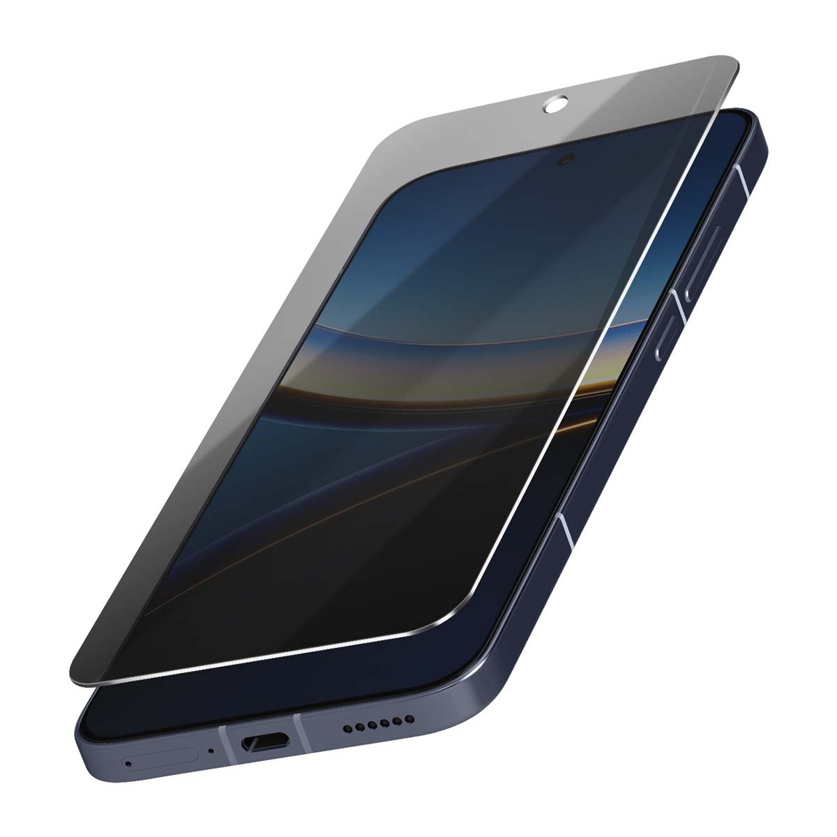 Een smartphone met een schermbeschermer. De telefoon is donkerblauw met een zwart scherm. De beschermer is grijs en iets boven de telefoon.