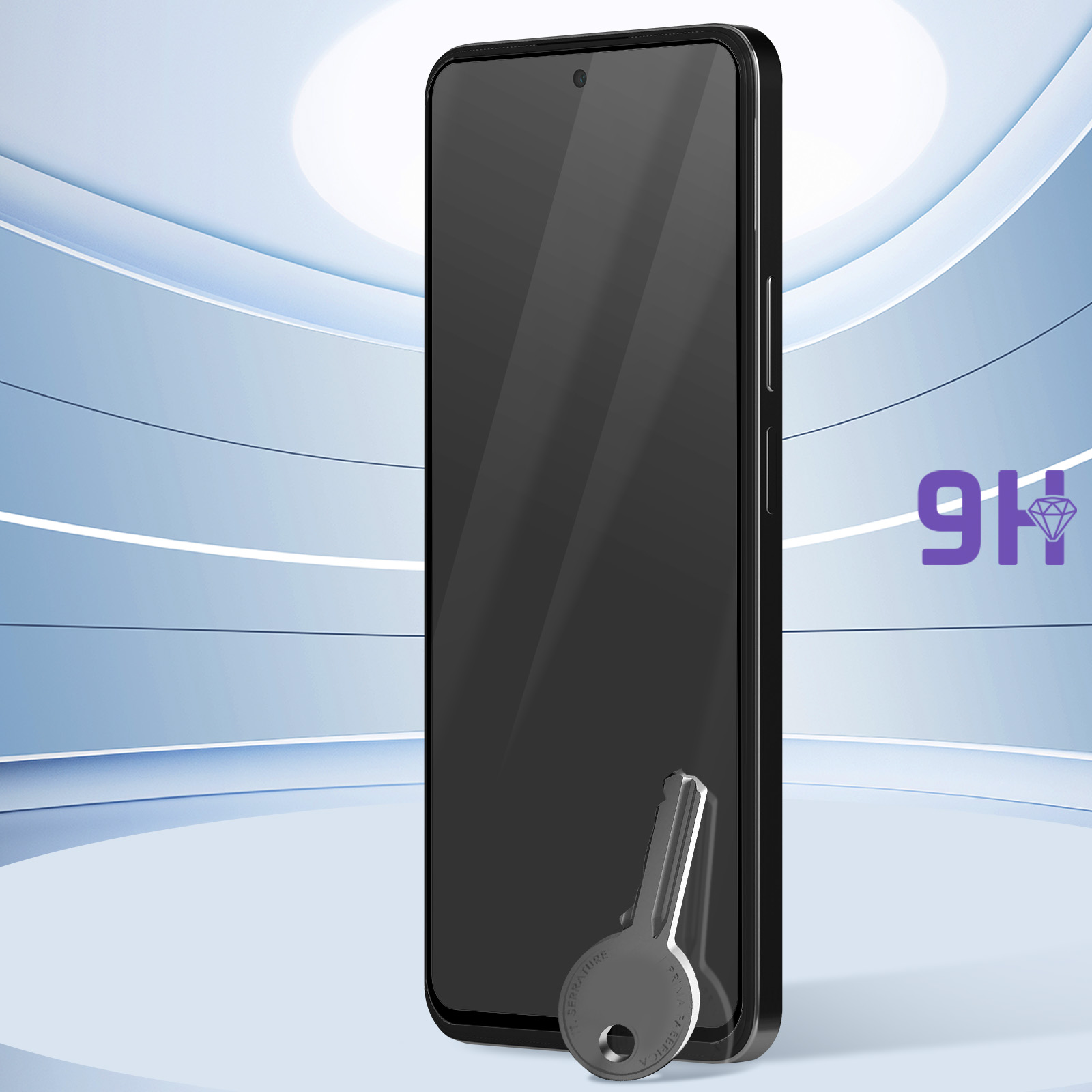 Smartphone nero con chiave, logo diamante 9H, su sfondo curvo blu e bianco.