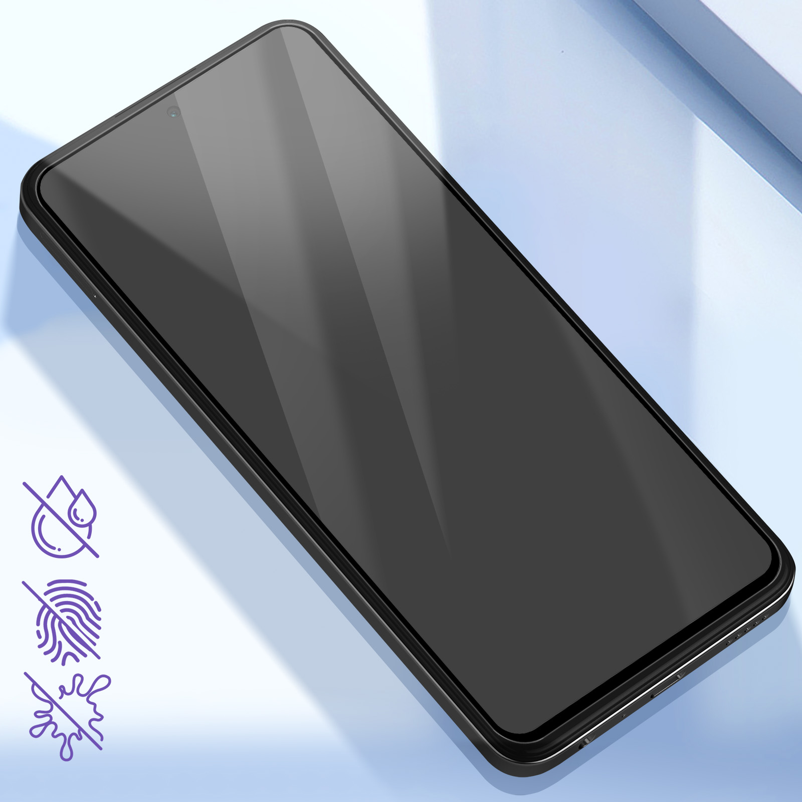 Un proteggi schermo nero per un telefono, con angoli arrotondati. Ci sono tre icone sul lato sinistro dello schermo.
