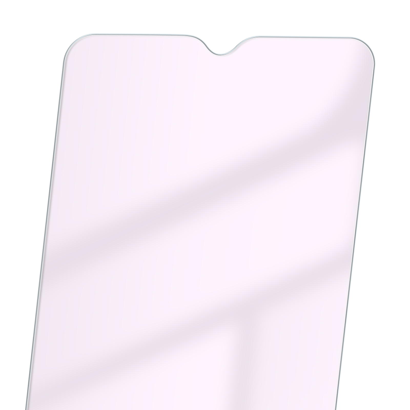 Una protezione per lo schermo di un telefono, trasparente, di forma rettangolare arrotondata, con una piccola tacca in alto.