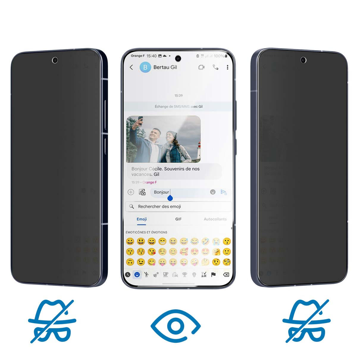 Drie smartphones: één met een berichtgesprek, de andere met een donker scherm. Privacy- en oogiconen onderaan.