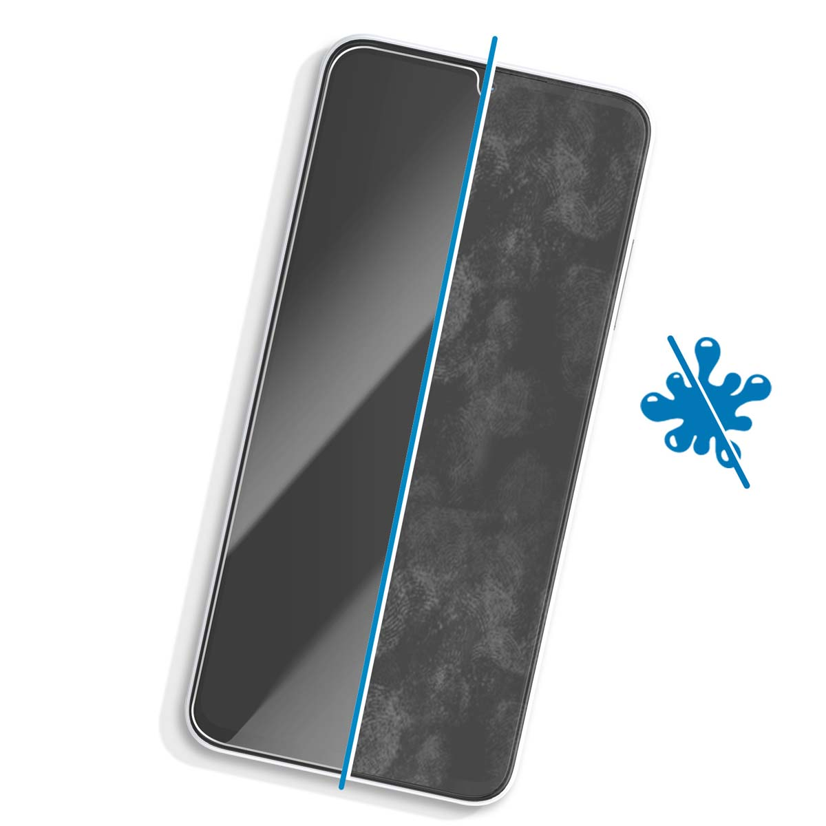 Un écran de smartphone divisé. Gauche propre, droite avec empreintes digitales. Une ligne bleue divise. Une éclaboussure d'eau bleue barrée.