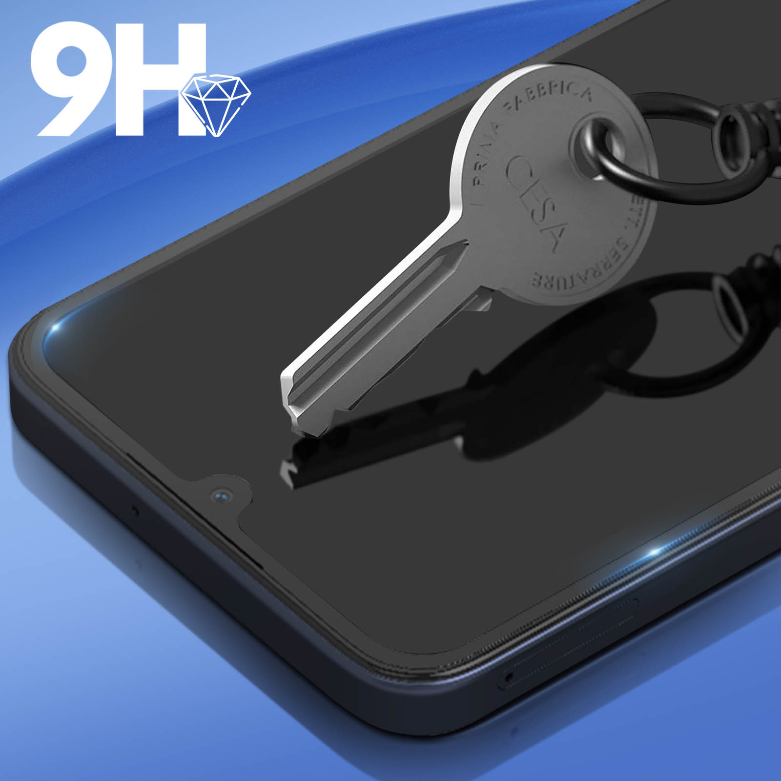 Uno schermo del telefono con una chiave sopra. La chiave ha la parola CESA. Lo sfondo è blu.