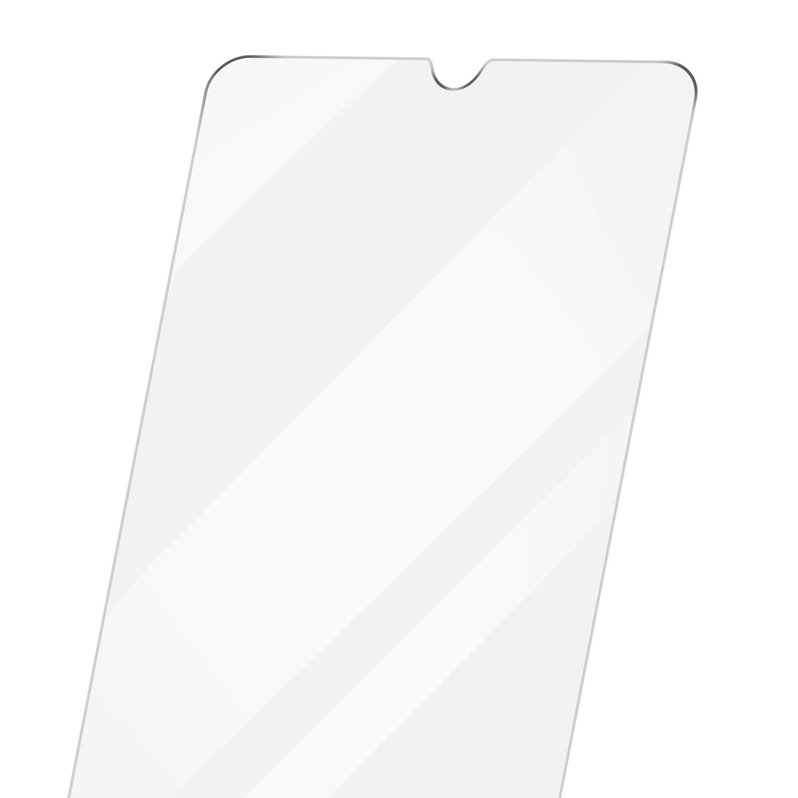 Una protezione schermo trasparente per un telefono, con angoli arrotondati e un notch in alto. Lo sfondo è bianco.
