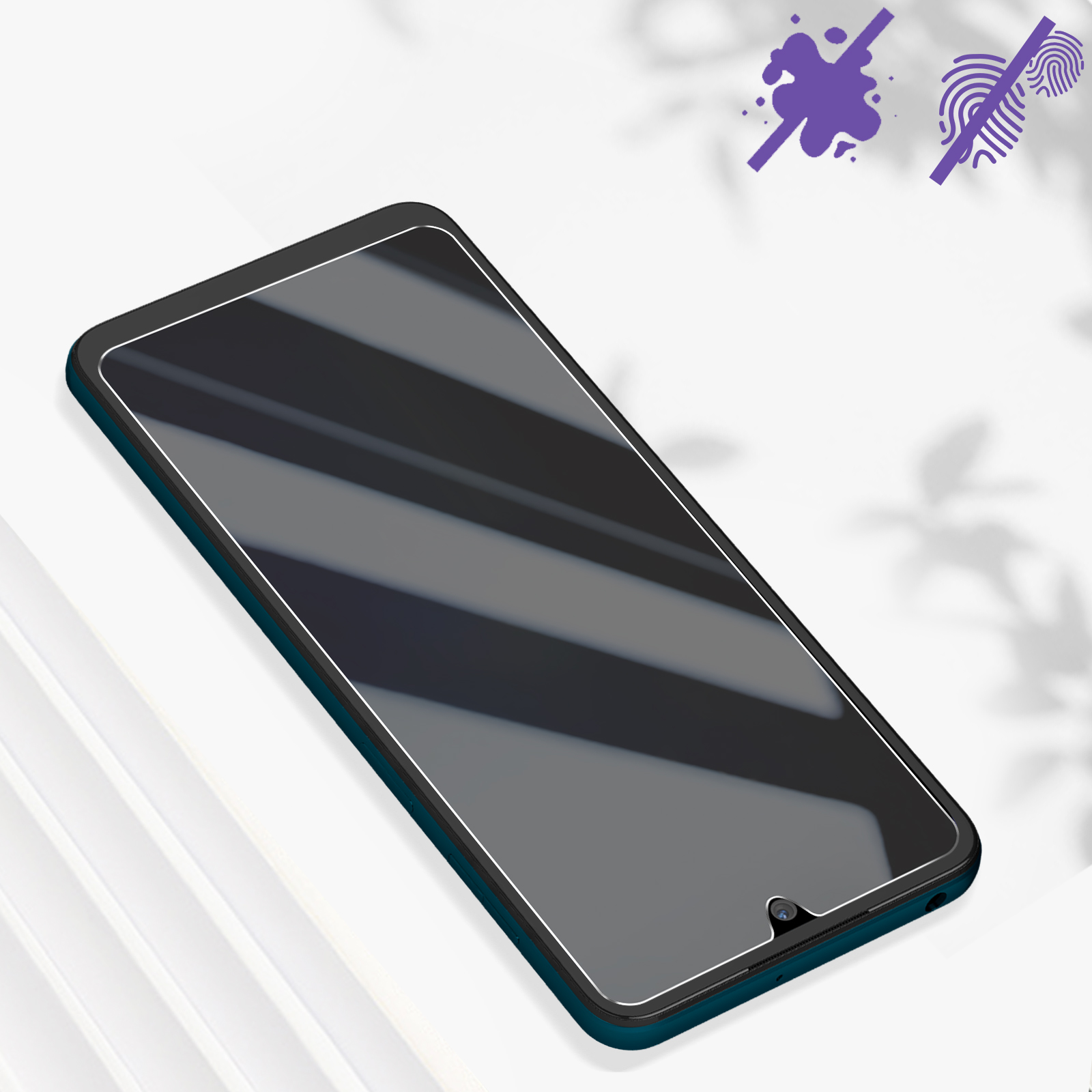 Una protezione per lo schermo dello smartphone. Il telefono è scuro, circondato da una cornice verde acqua. Ci sono icone sopra, ombra di foglie.