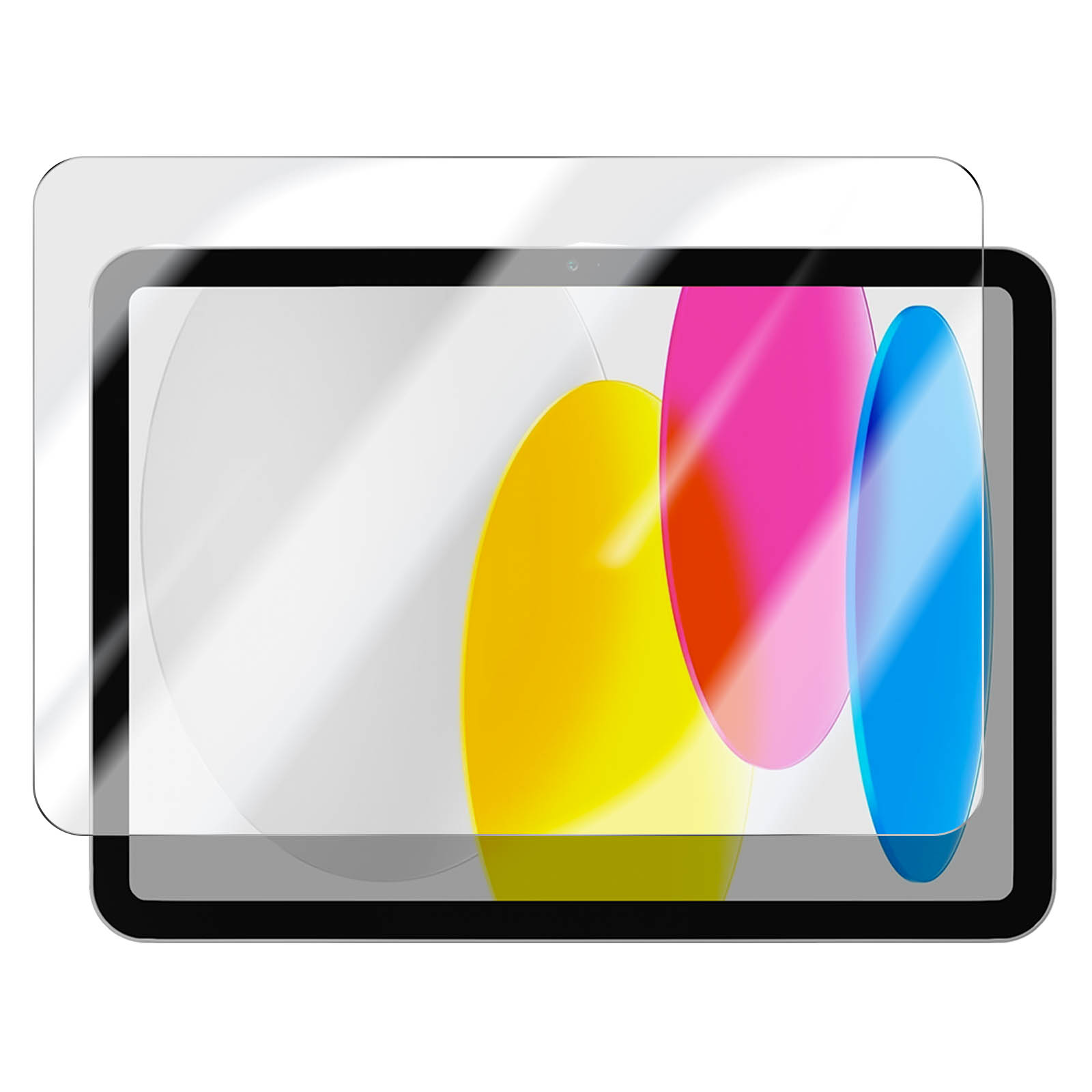 Tablet con protezione schermo. Lo schermo mostra forme astratte colorate: giallo, rosa e blu.