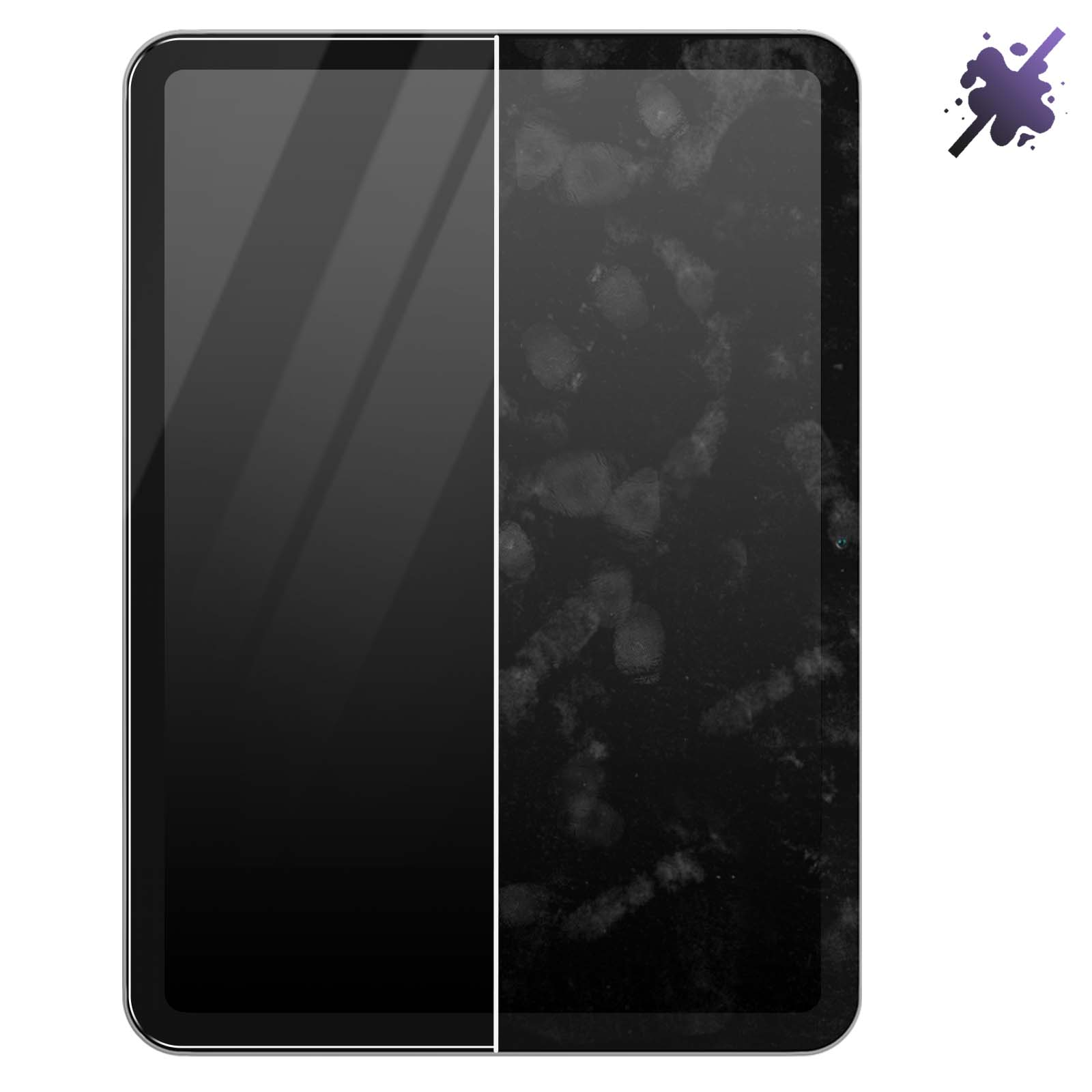 Uno schermo di tablet, per metà pulito, per metà coperto di macchie e impronte digitali. Il lato pulito è nero, il lato sporco è grigio scuro.