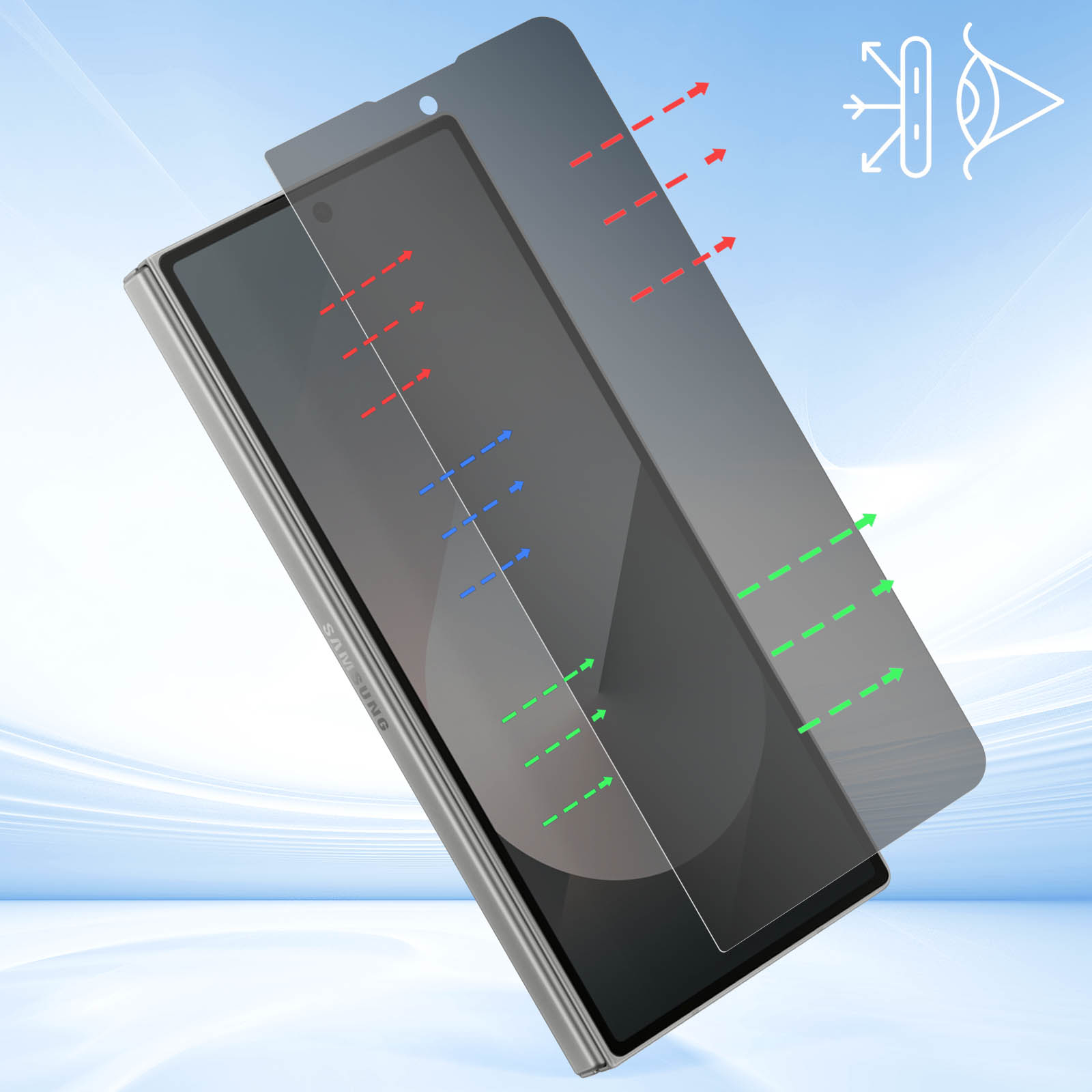 Uno smartphone con una protezione per lo schermo applicata. Frecce di diversi colori indicano la diffusione della luce. Viene mostrata un'icona di protezione.