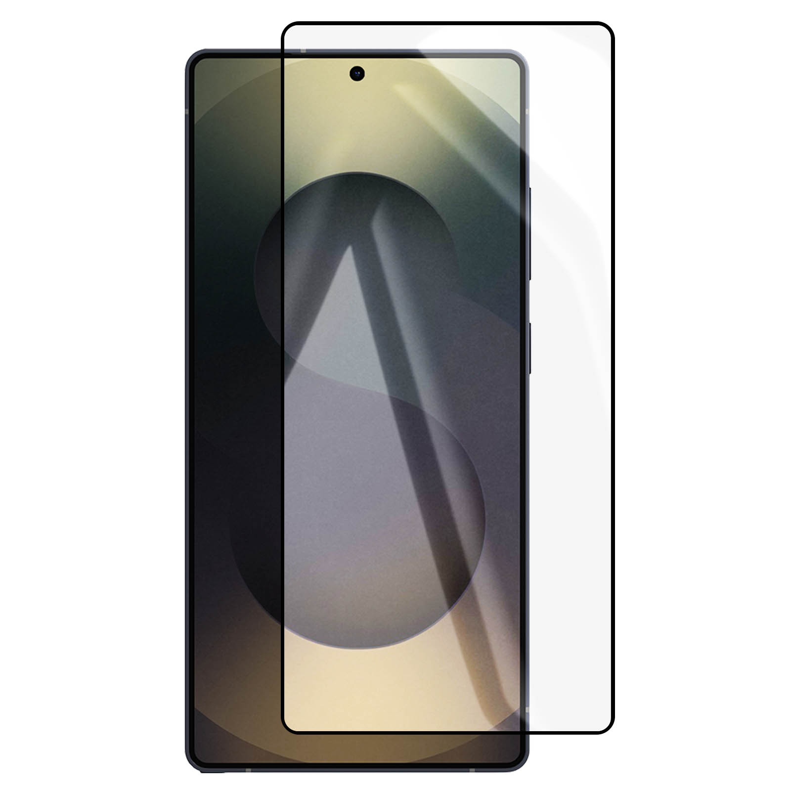 Uno smartphone con protezione schermo applicata. Lo schermo mostra uno sfondo a motivi. Una protezione schermo trasparente è sovrapposta.