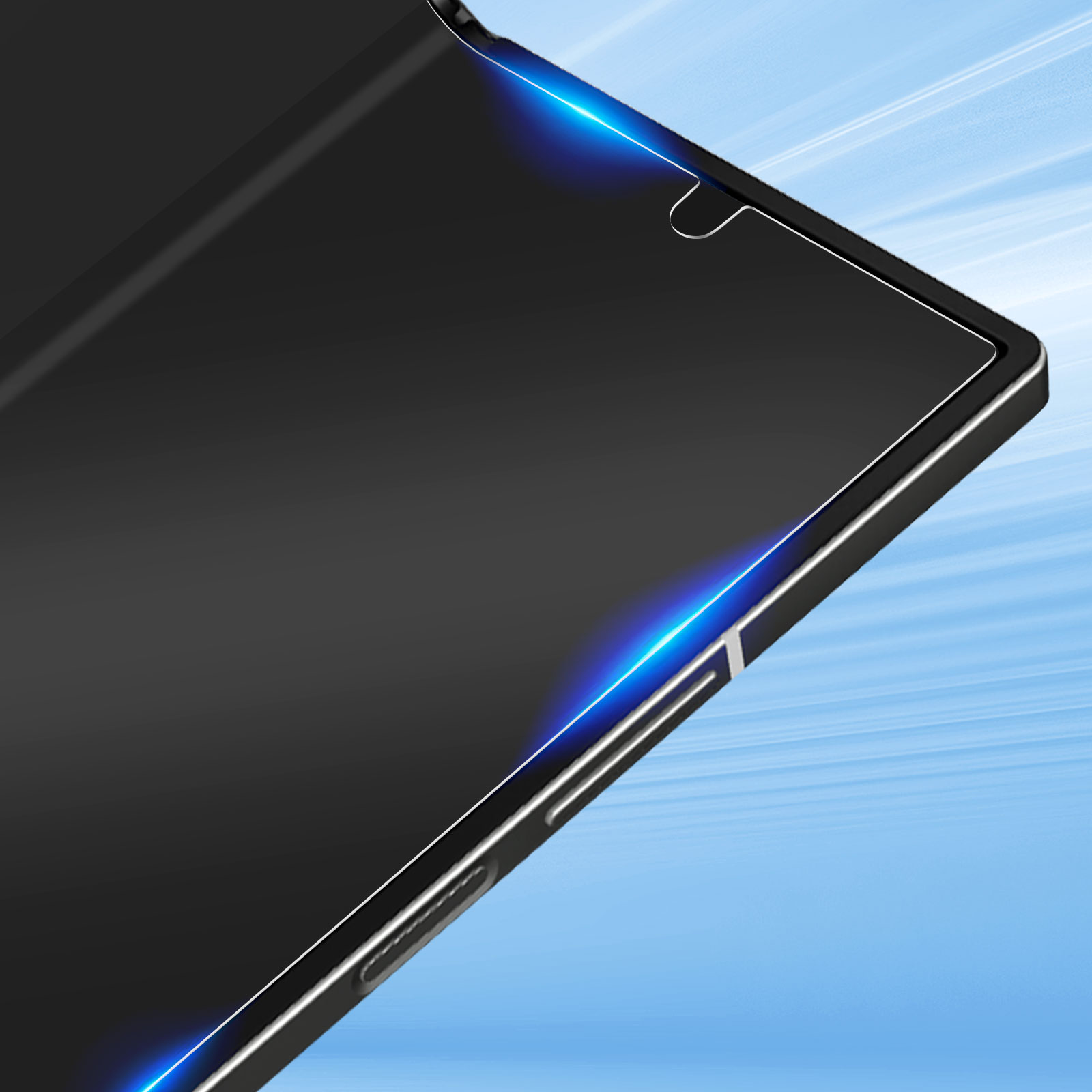 Uno smartphone nero con cornice argentata. Ha un notch in alto per la fotocamera. Lo sfondo ha striature di luce blu.