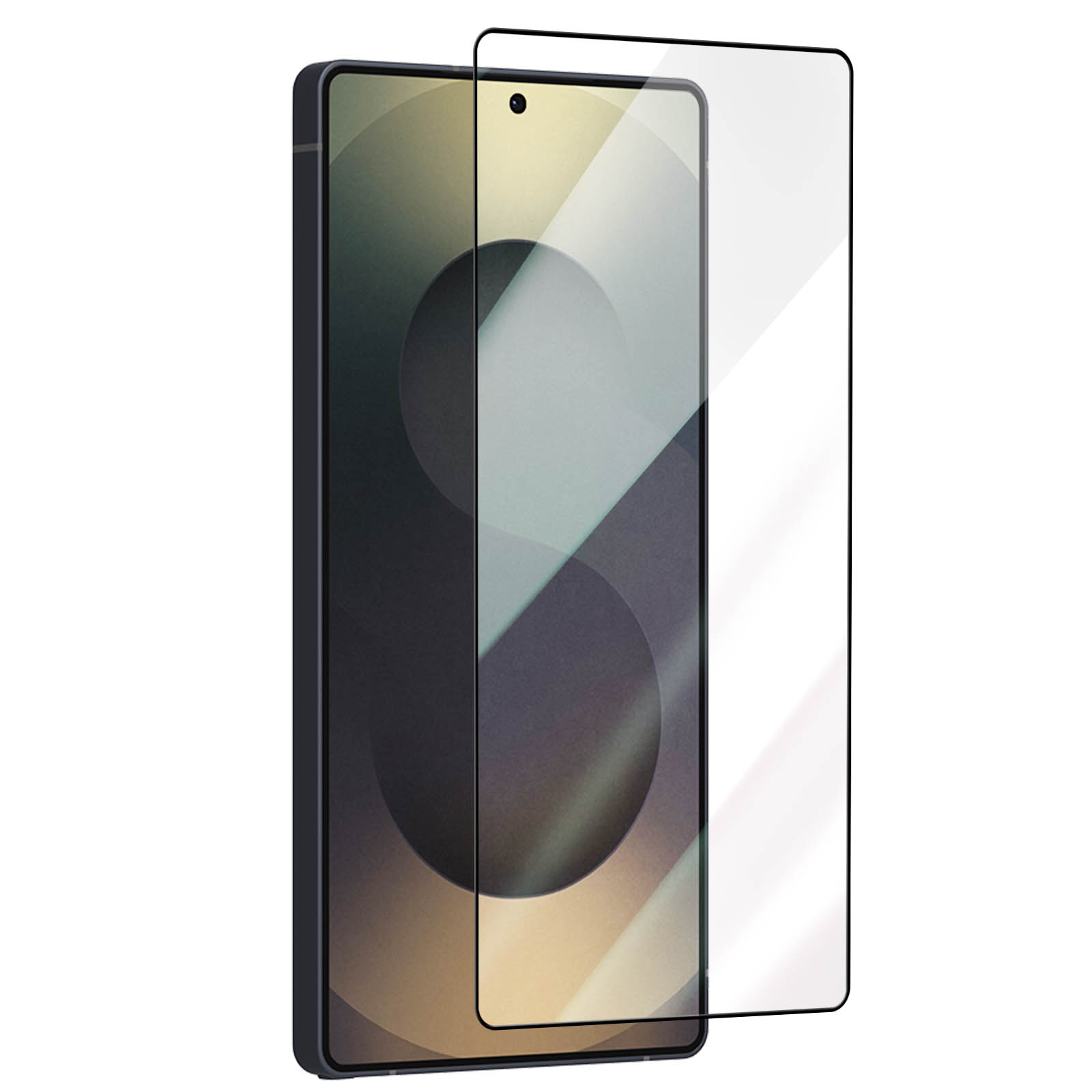 Uno smartphone con una protezione per lo schermo applicata. Il telefono è grigio scuro e la protezione è trasparente.