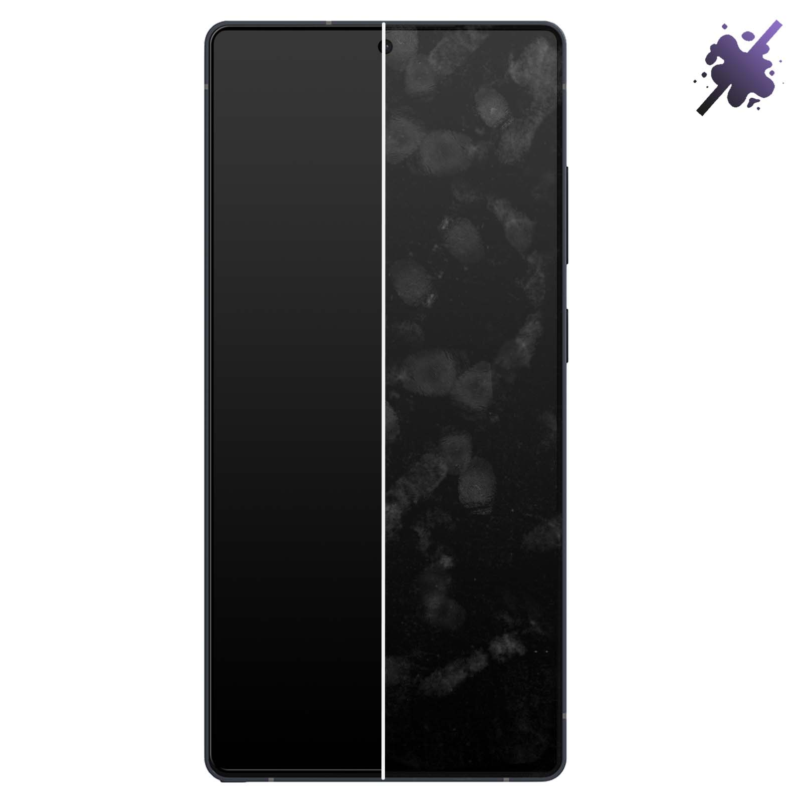 Schermo dello smartphone diviso verticalmente. Lato sinistro pulito, nero. Lato destro con impronte digitali.
