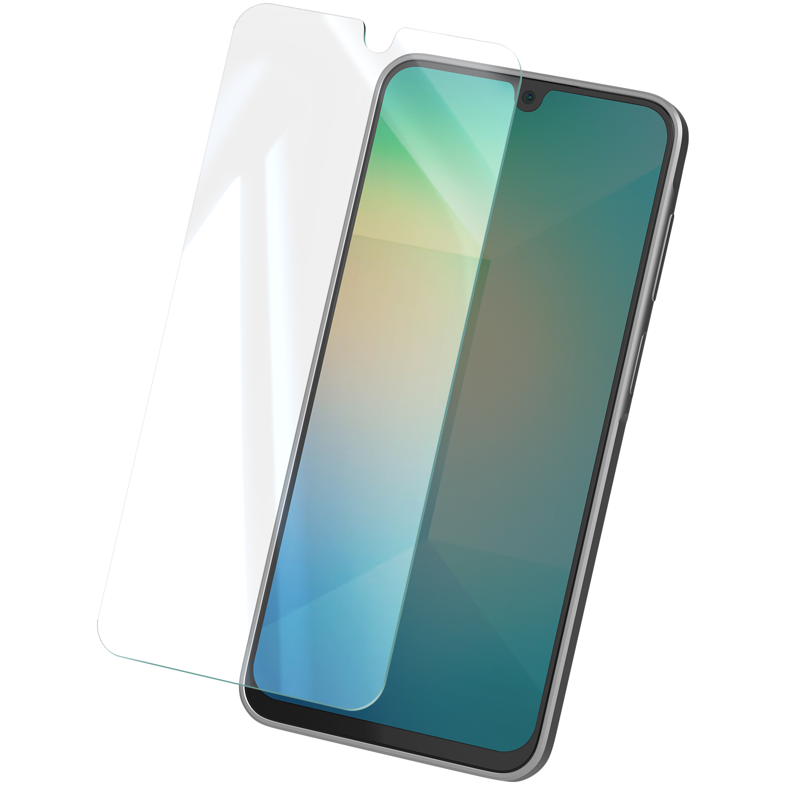 Uno smartphone con una protezione per lo schermo applicata. Lo schermo mostra una sfumatura di colori e la protezione è trasparente.