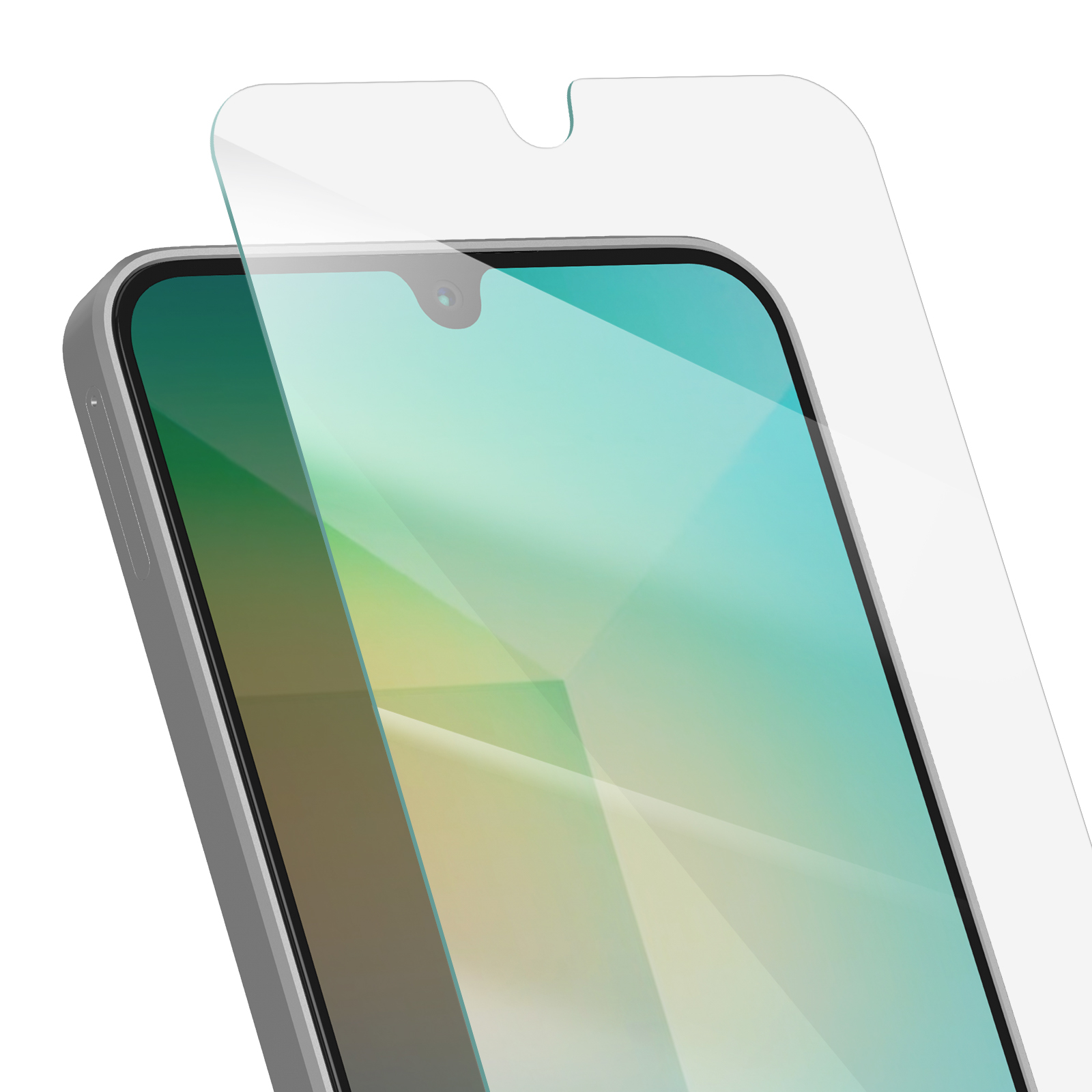 Uno smartphone a cui viene applicata una protezione per lo schermo. Il telefono è grigio, la protezione è trasparente. Lo schermo ha un design colorato.