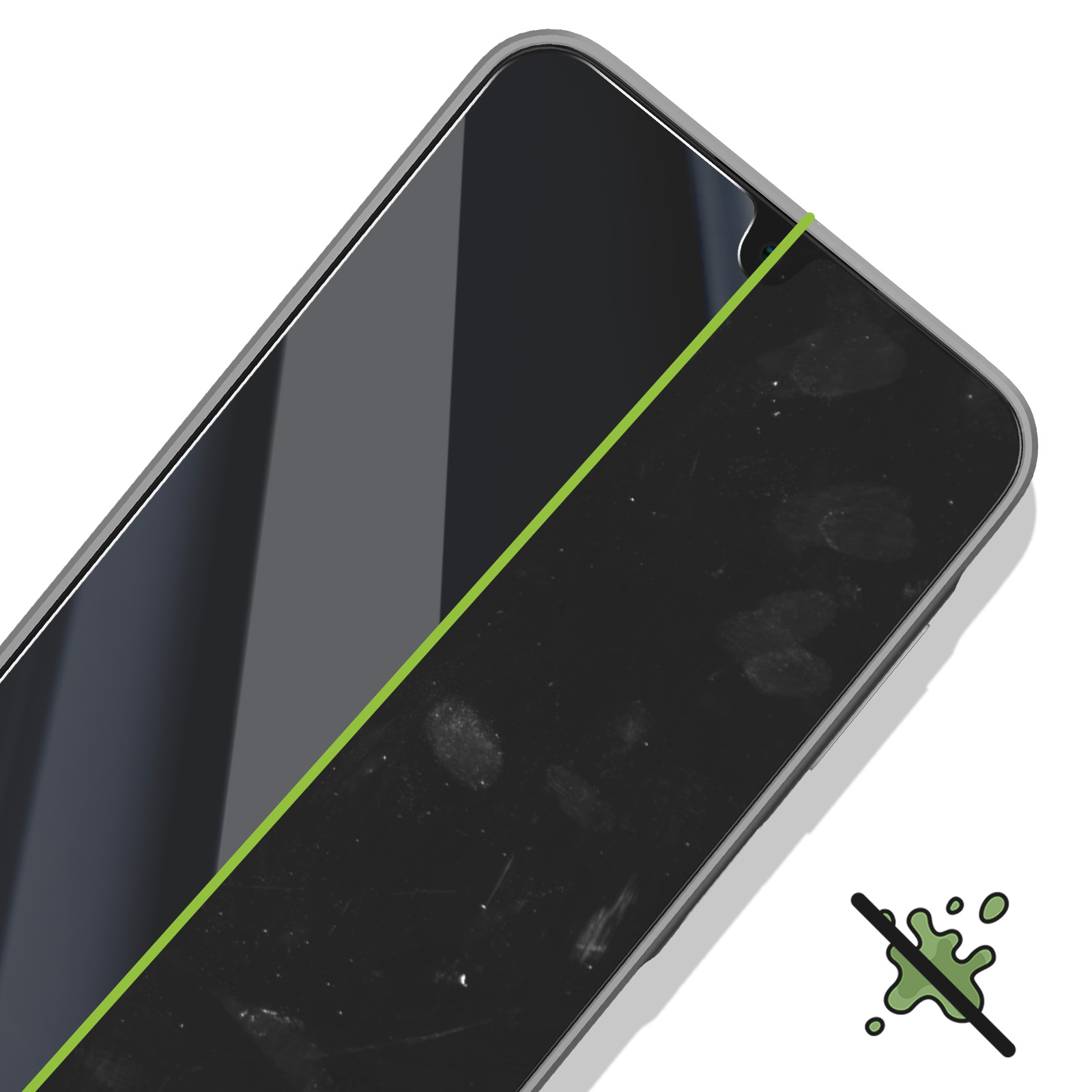 Schermo del telefono con linea verde. Un lato pulito, l'altro con impronte digitali. Un simbolo indica che non è pulito.