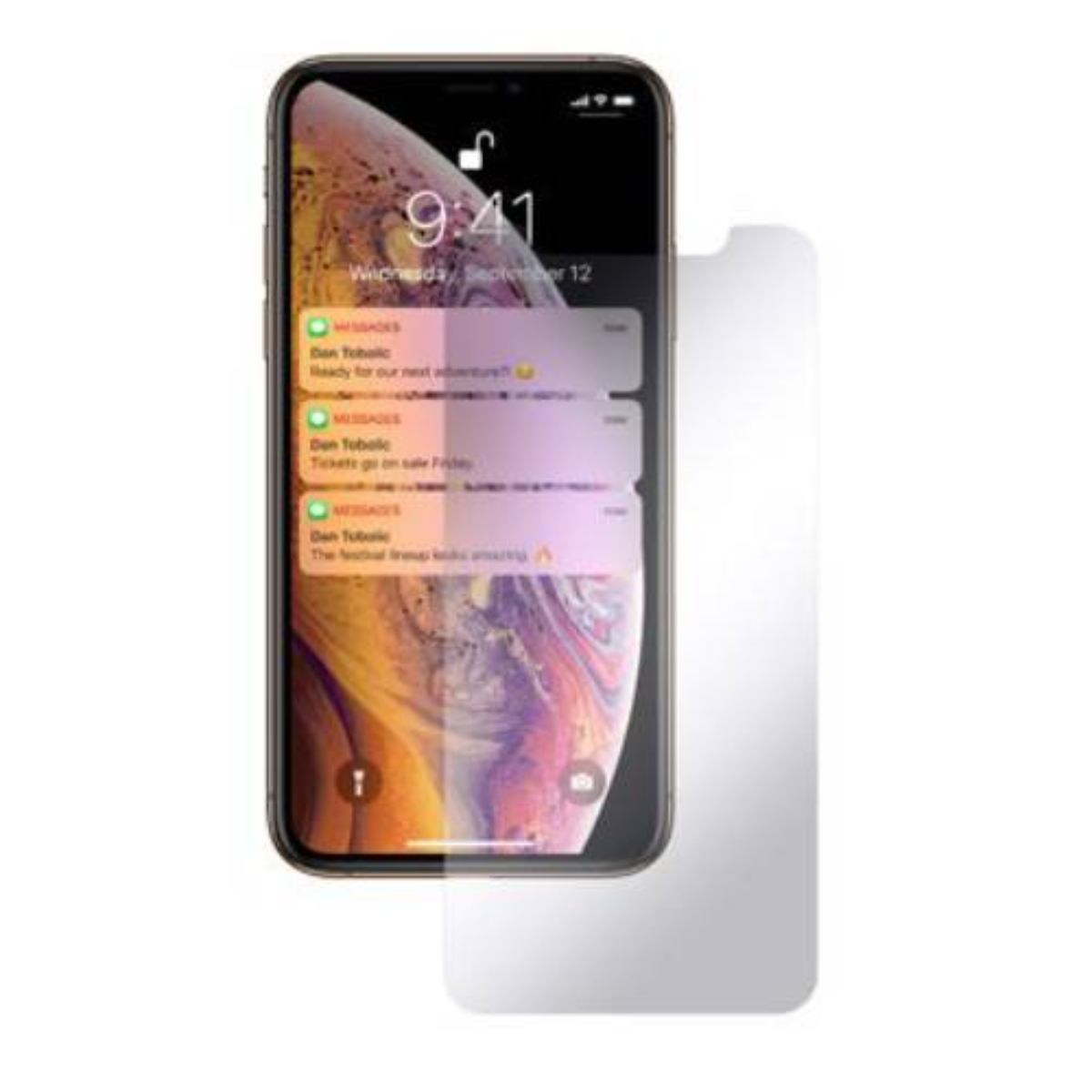 Un iPhone con una protezione per lo schermo. Lo schermo mostra notifiche, ora e data. A destra c'è una protezione per lo schermo.